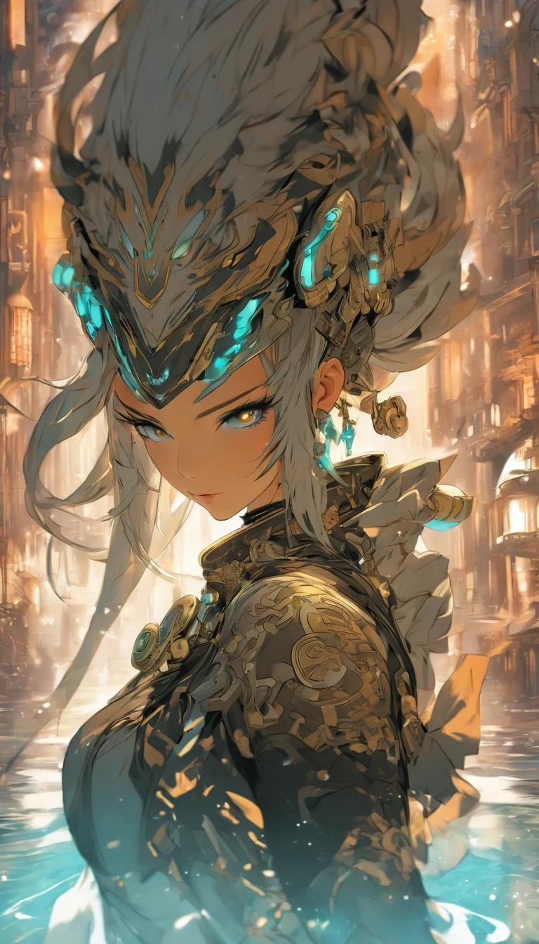 Chinese ink style，Steampunk world，Tiger-shaped steampunk warframe girl，Jet steam is suspended in the city air，Ink animation art，Ink comic art，water ink，ink，Smudge，8K，Delicately portrayed，Works of masters，Black and white tones