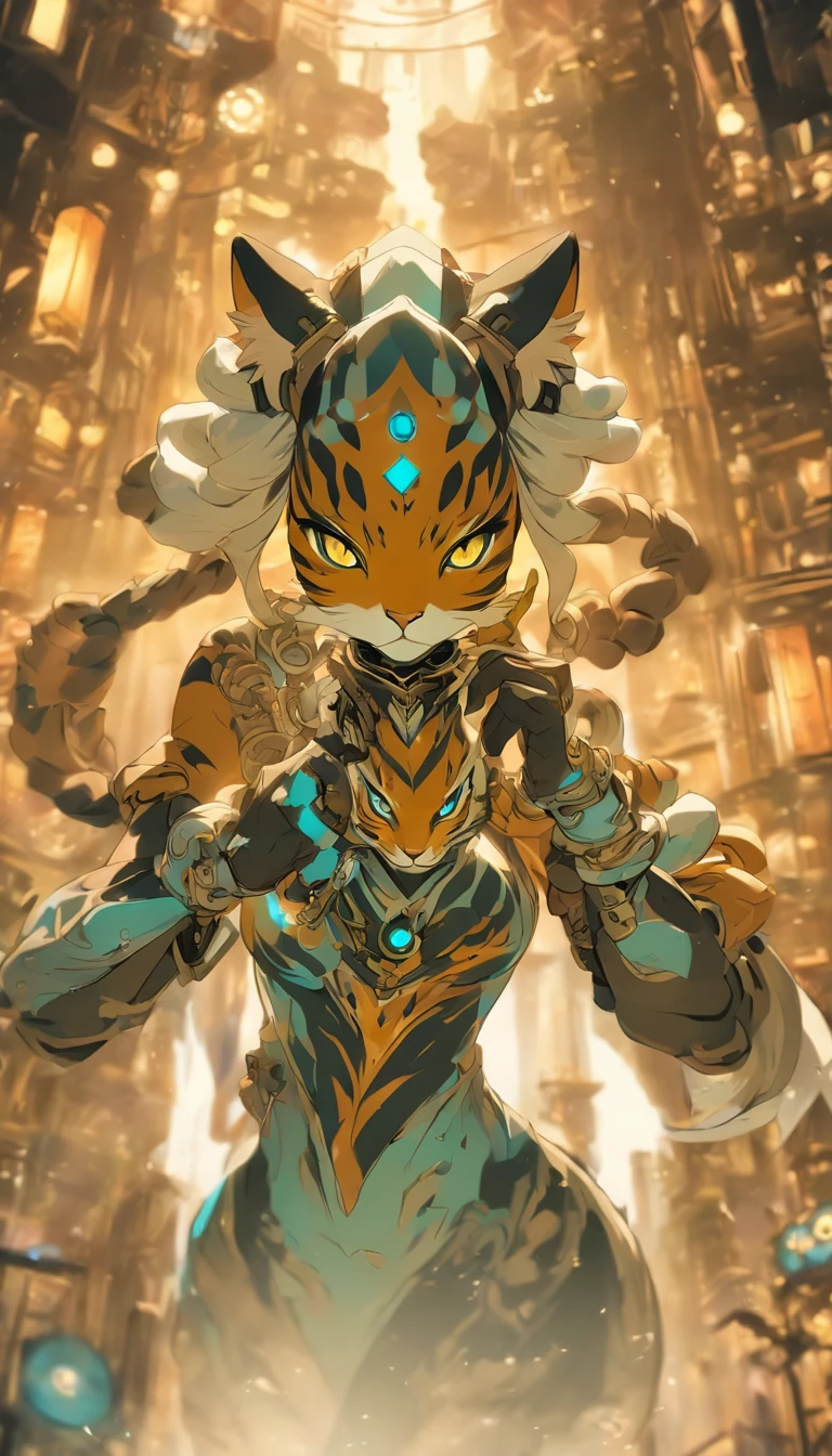 Chinese ink style,Steampunk world,Tiger-shaped steampunk warframe girl,Jet steam is suspended in the city air,Ink animation art,Ink comic art,water ink,ink,Smudge,8K,Delicately portrayed,Works of masters,Black and white tones