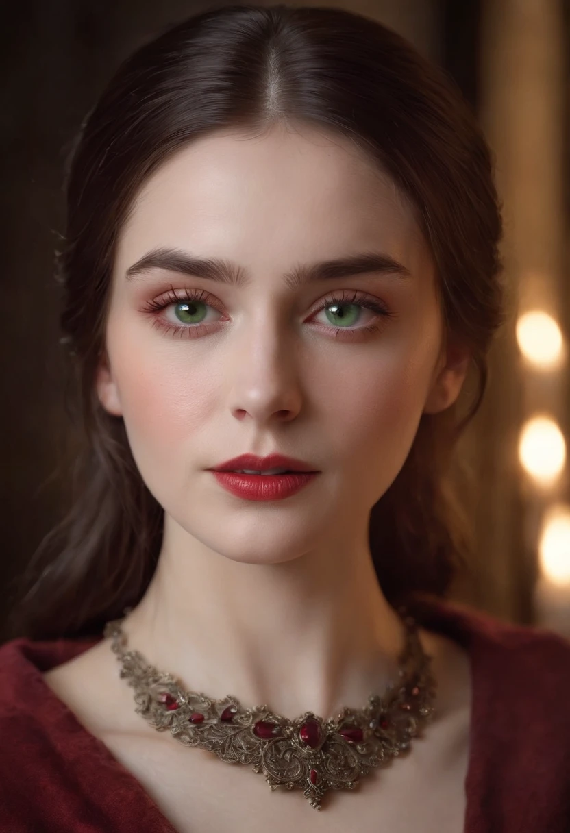 (((A deep red wound streaked across her left cheek))) Fair complexion, A woman around 19 years old, Natural gray hair, Unique green eyes, Wear Cole, Slender and graceful, Beautiful, Candlelight in a medieval setting, super sharp focus, realistic lens, Medieval women's clothing, Four colors (Scar:1.4)