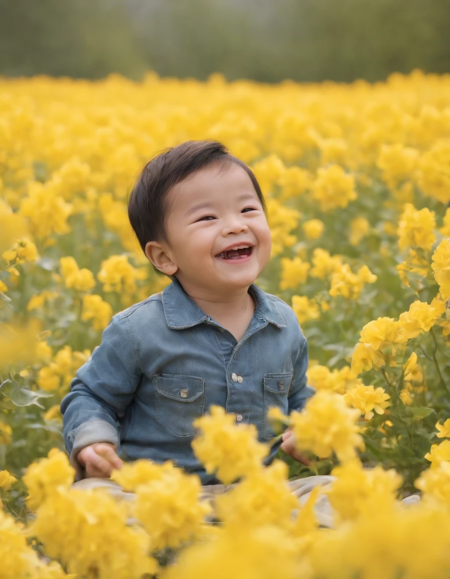 A hyperealistic photograph a boy is laughing among the yellow flowers, in the style of zhichao cai, organic, hannah flowers, miwa komatsu, green, celebration of rural life, wimmelbilder --ar 3:2 --s 750 --v 5 --no watermark::