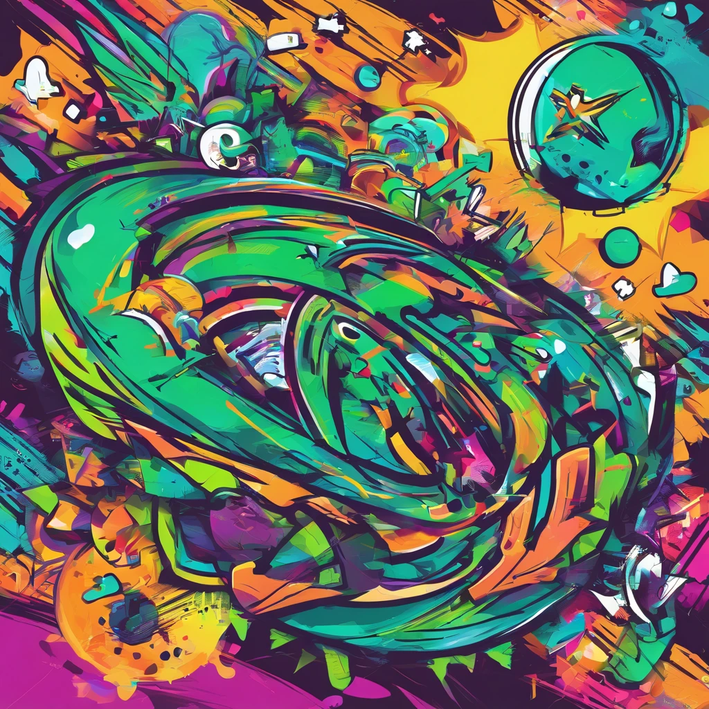Ready-to-print vector art Colorful graffiti Illustration of an asteroid dragging a star with a chain, unique face, colores vibrantes, Hip Hop, Altamente detallado, con fondo degradado, verde menta, Estilo abstracto.