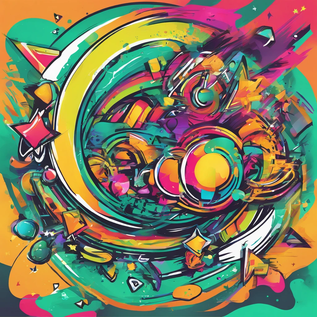 Ready-to-print vector art Colorful graffiti Illustration of an asteroid dragging a star with a chain, unique face, colores vibrantes, Hip Hop, Altamente detallado, con fondo degradado, verde menta, Estilo abstracto.