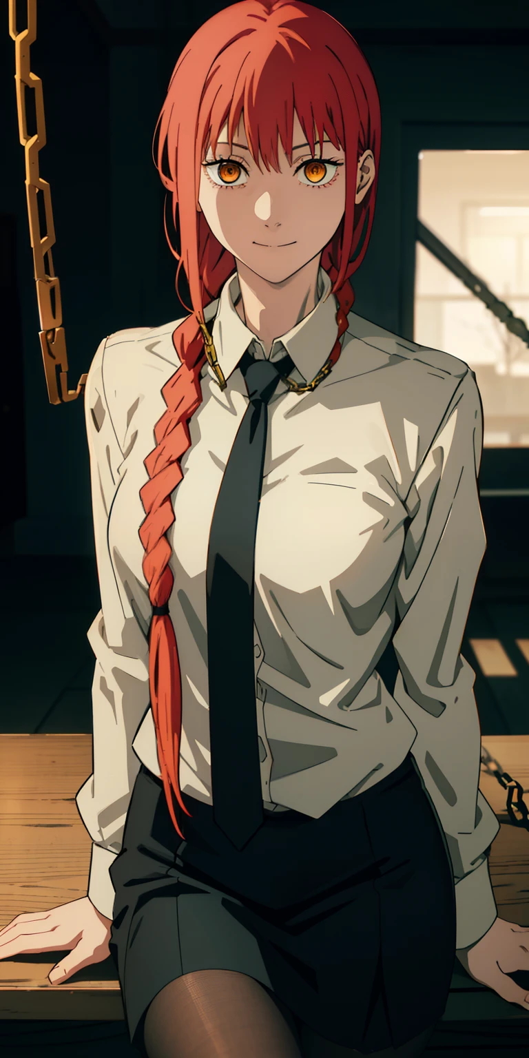 makima \(chainsaw man\), best quality, ultra detailed, 1girl, solo, standing, red hair, long braided hair, golden eyes, bangs, medium breasts, white shirt, necktie, stare, smile, (evil:1.2), looking at viewer, (interview:1.3), (dark background, chains:1.3), sitting, pantyhose, ((1girl)), bottomless, beautiful, masterpiece, best quality, shiny skin, gun hand pose, facing at viewer, makima \(chainsaw man\)