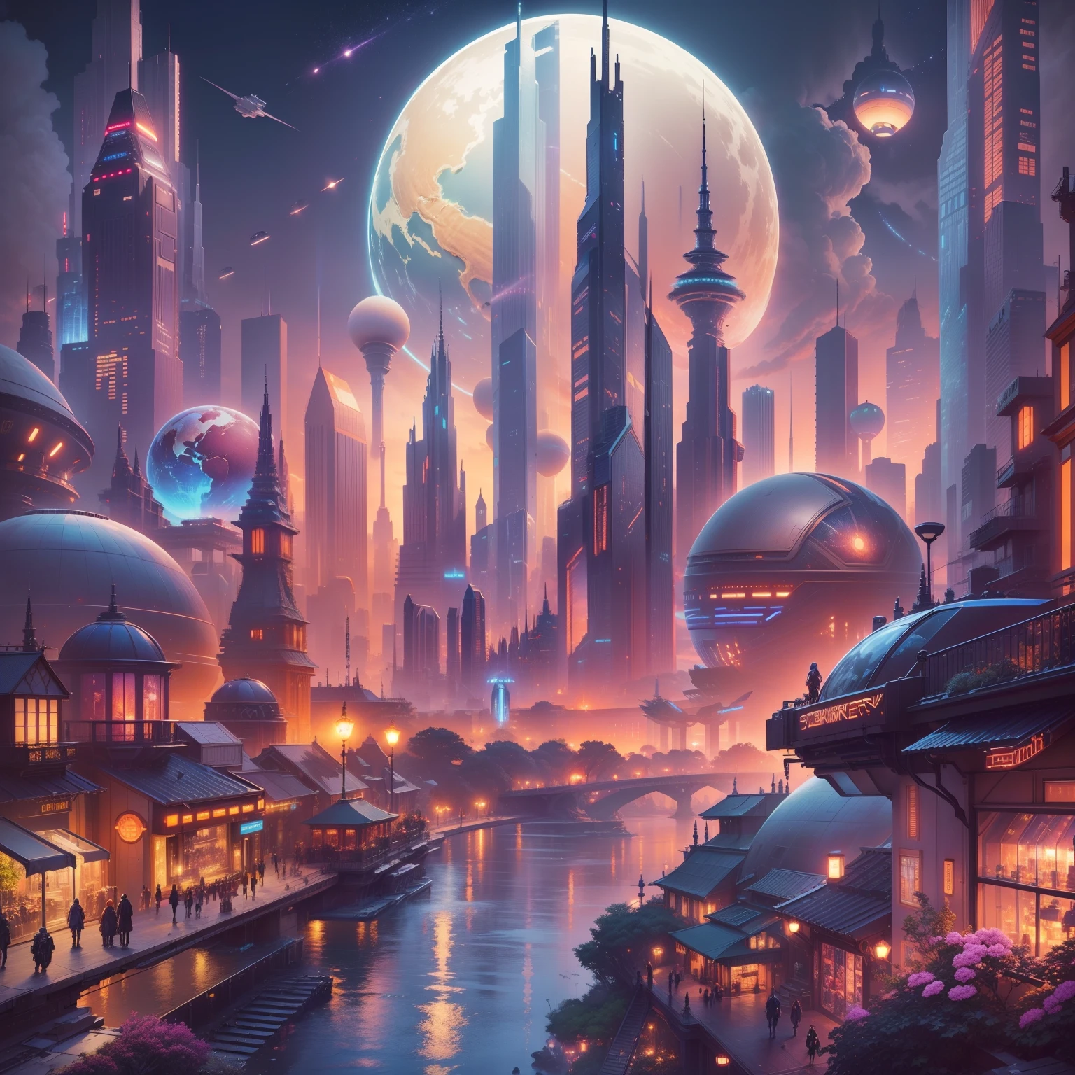 cyberpunked、、SFart by、epcot、top-quality、、masterpiece、epcot、Skyscrapers tower over、Rows of glass-walled skyscrapers、StarWars、Fantasia、Beautiful city、planet earth、Space City、8K