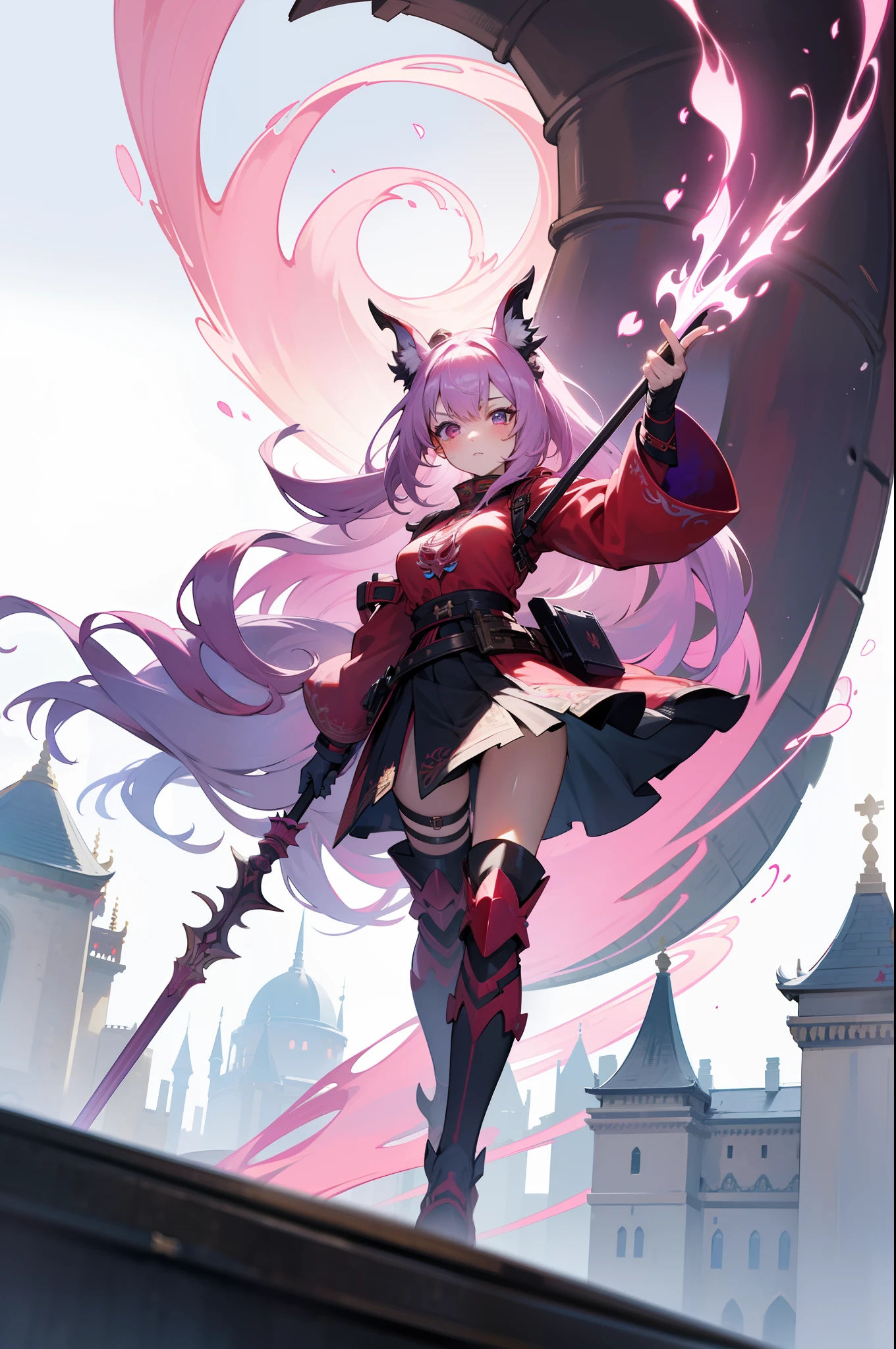 msterpiece), best quality, 1girl, warrior, holding_magic staff, casting red magic, , castles, glowing, wide shot, flying, acient temples, intricate details, pink particles swirling , EnvyBeautyMix23, fantastic vibe, finalfantasy, perfect ???????, , KATARINA, EpicLogo, urban techwear, outfit, facing_viewer, dragon ear, mecha musume,