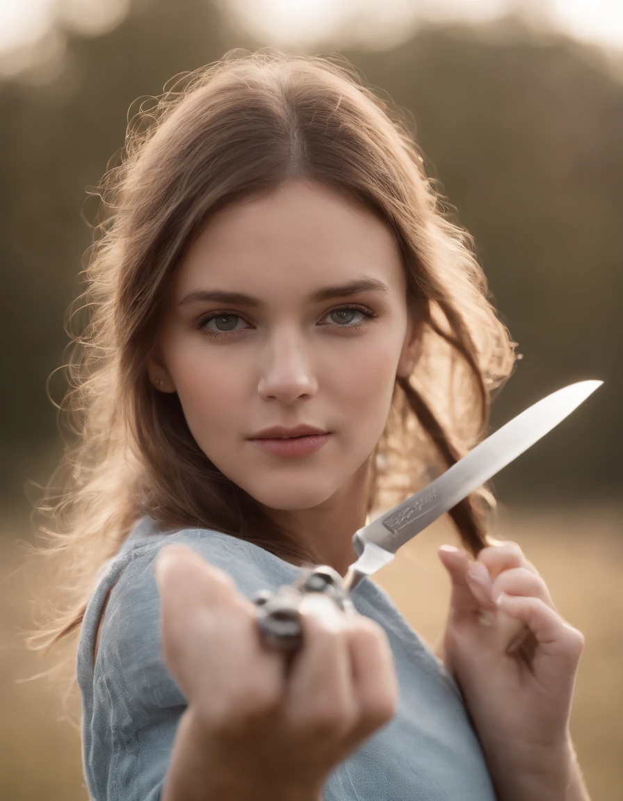 Girl holding a knife , in the style of canon eos 5d mark iv, elegant, emotive faces, joel robison, mommy's on-the-phonecore, light gray and light blue, sony fe 85mm f/1.4 gm, flickr