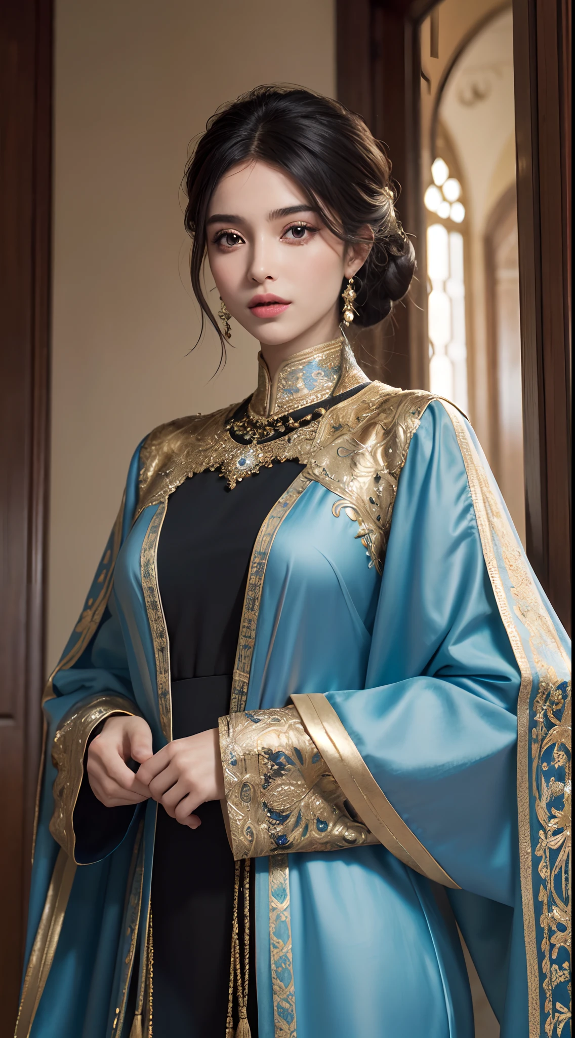 (master piece: 1.3), (8k, photoreallistic, Photo brute, beste-Qualit: 1.4), (1fille), beau visage, (realistic face), (cheveux noire, cheveux long 1.3), belle coiffure, realistic eyes, beautiful detailed eyes brilliant European beauty, (realistic skin), belle peau, (tirer), absurdes, attrayant, ultra highres, ultra realist, highly detailed, Golden Number wearing a full Moroccan Islamic caftan outfit