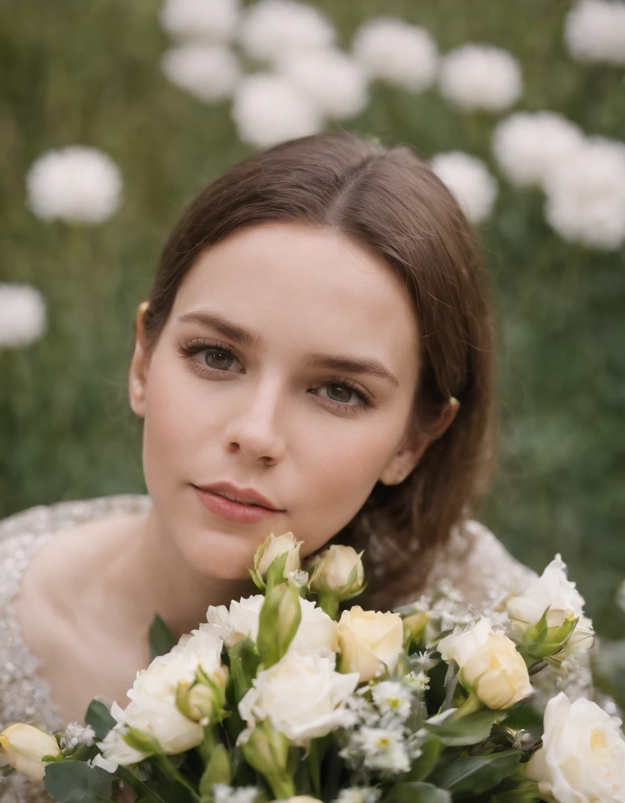 a boy is smelling a bouquet of flowers on her cheek, in the style of unicorncore, ready-made objects, ue5, modern photography, exotic, natural minimalism, uhd image --ar 127:195 --v 5.1 --style raw