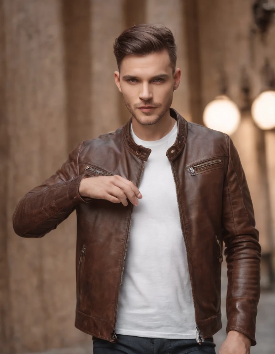 a man wearing a brown leather jacket in the style of meticulous design, andrzej sykut, uhd image, clockpunk, studio photography, website, exacting precision