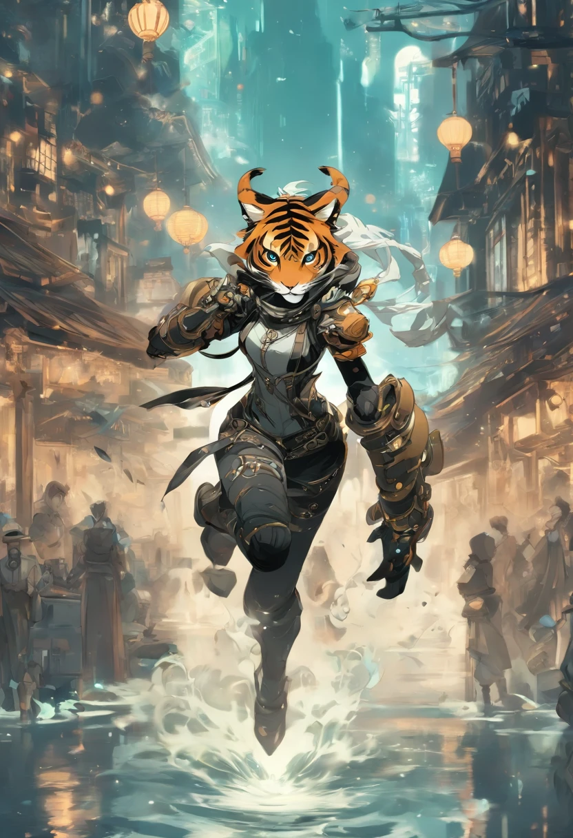 Chinese ink style，Steampunk world，Tiger-shaped steampunk warframe girl，Jet steam is suspended in the city air，Ink animation art，Ink comic art，water ink，ink，Smudge，8K，Delicately portrayed，Works of masters，Black and white tones