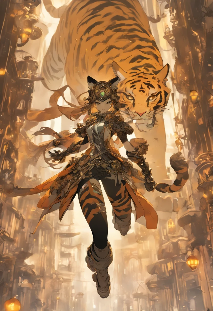 Chinese ink style，Steampunk world，Tiger-shaped steampunk warframe girl，Jet steam is suspended in the city air，Ink animation art，Ink comic art，water ink，ink，Smudge，8K，Delicately portrayed，Works of masters，Black and white tones