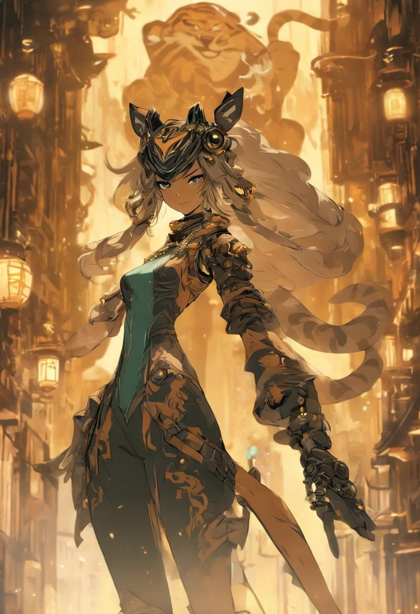 Chinese ink style,Steampunk world,Tiger-shaped steampunk warframe girl,Jet steam is suspended in the city air,Ink animation art,Ink comic art,water ink,ink,Smudge,8K,Delicately portrayed,Works of masters,Black and white tones