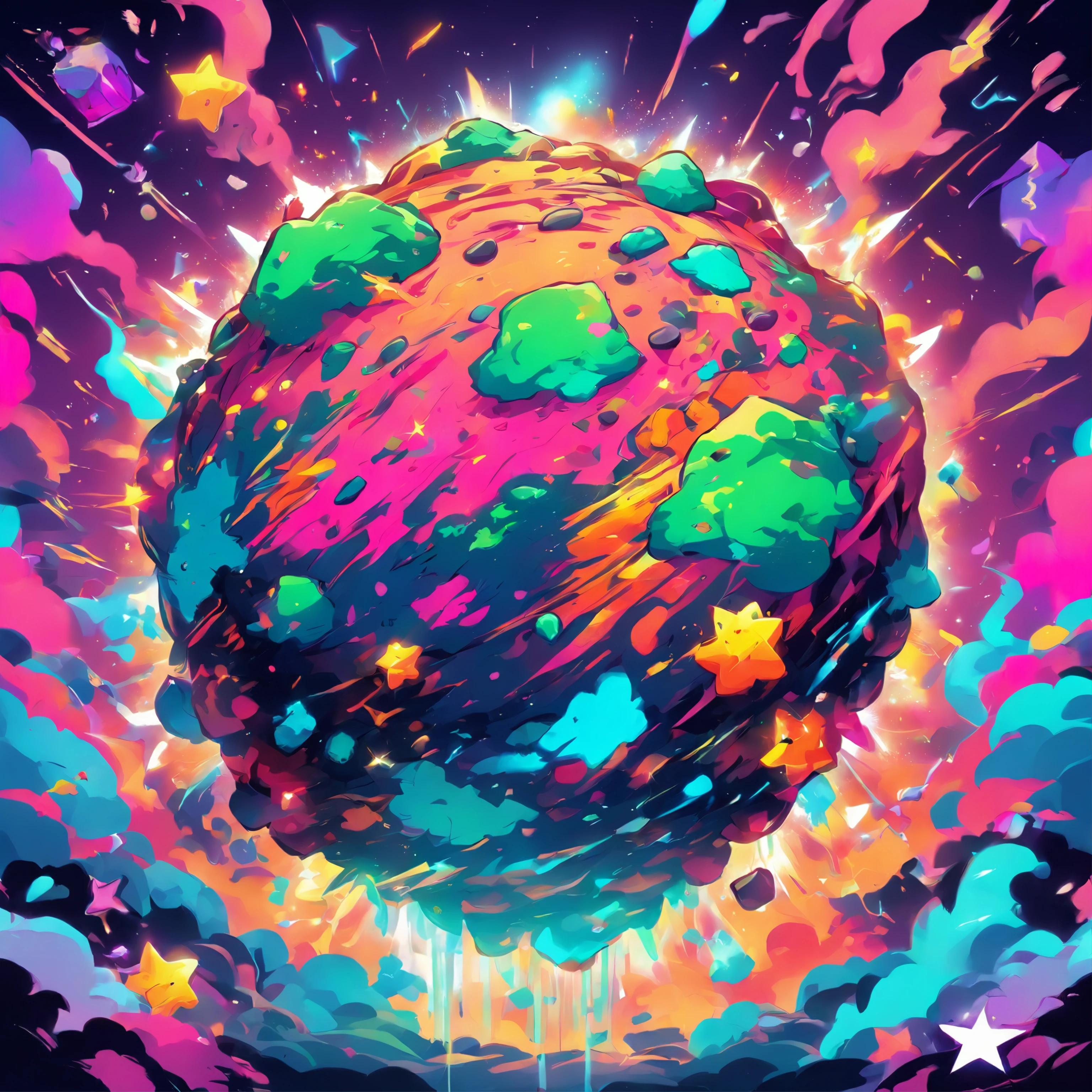 Ready-to-print vector art Colorful graffiti Illustration of an asteroid dragging a star with a chain, unique face, colores vibrantes, Hip Hop, Altamente detallado, con fondo degradado, verde menta, Estilo abstracto.