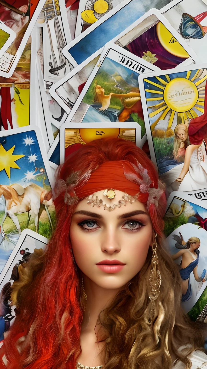A closeup of a beautiful woman, the most beautiful in the world, with a red headband and a bunch of tarot cards;, Complex tarot card background, Tarot card background, tarot cards characters, Arte do Tarot, Tarot card art, tarot card enviroment, Tarot cards, tarot style, floating tarot cards, tarot design, as a tarot card, tarot card style, tarot cards!!, Whirlwind of closeup tarot cards, peito, Neck strap, ombros, olhos perfeitos, perfect irises, Perfect lips, , pele perfeita, luz frontal suave, brilho, HDR, (cores suaves: 1.2) hiperealista,realista, Realismo, renderizado, Alto contraste, digital art photographyrealistic trend in Artstation 8k HD high definition detailed realistic, detalhado, textura da pele, hiper detalhado, textura de pele realista, armadura, melhor qualidade, ultra high-resolution, (fotografiarrealista: 1.4), alta resolução, detalhado, Calado bruto, sharp re, por lee jeffries Nikon D850 Filme Fotografia de Stock 4 Kodak Portra 400 Lente F1.6 Rich Colors Realistic Texture Dramatic Texture Dramatic Lighting Irrealengine Trend on Artstation Cinestill 800