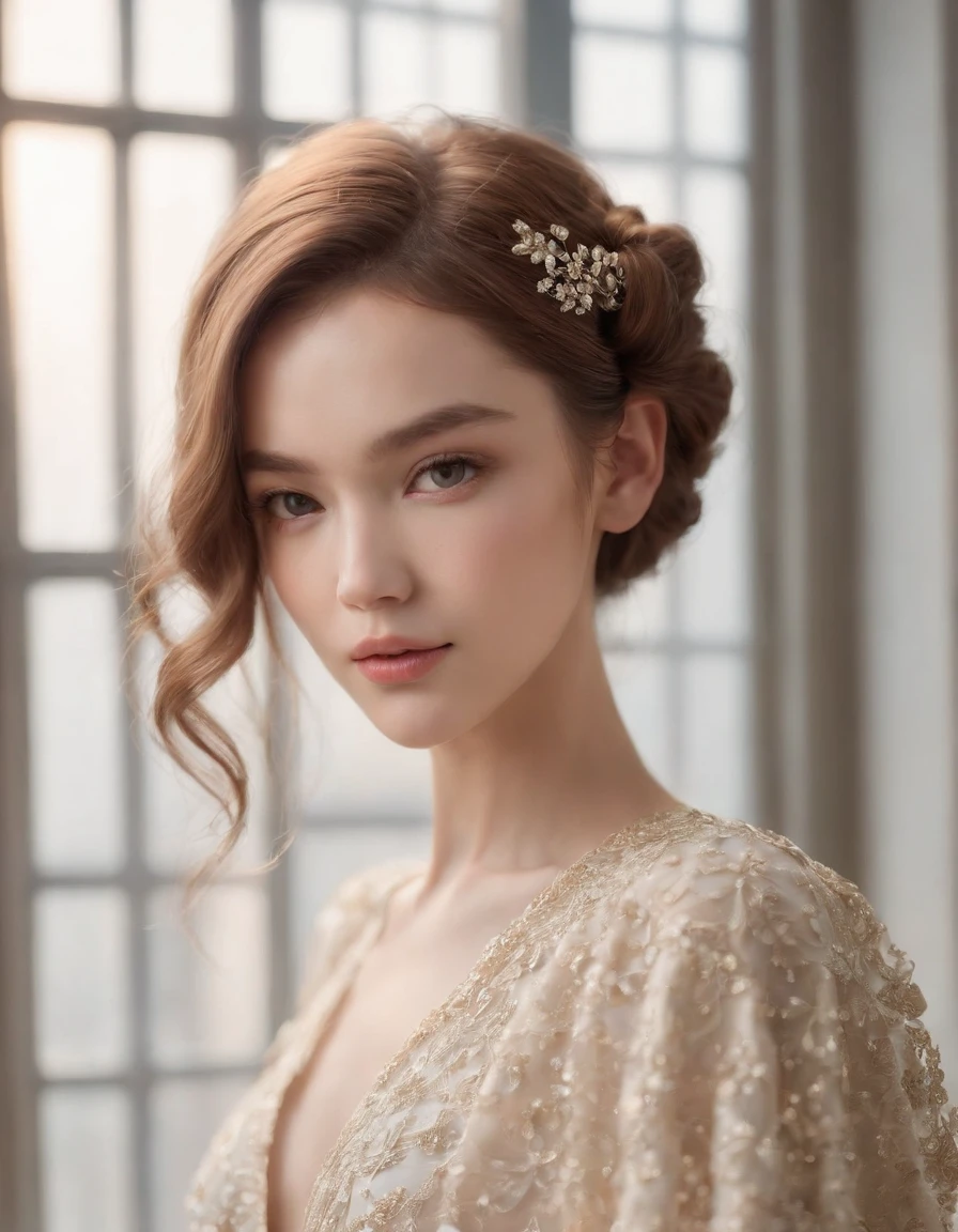(masterpiece, best quality, hyper realistic, raw photo, ultra detailed, extremely detailed, intricately detailed), (photorealistic:1.4), fashion photography of a stunningly beautiful women, stunning intricate full color, beautiful and breathtaking hairstyle, (intricate detailed hair:1.4), crazy alternate hairstyle, hairstyle inspired by Qing Han and Dame Vivienne Westwood, finger wave hair, very short hair, floating hair, blunt ends, light brown hair, gradient hair, pure, Innocent, aesthetic, romanticism, fairy, idol, beautiful detailed face, like a cat, small face, artistic, perfect anatomy, goddess, calm, composed, highly detailed Tapered pants, crop top, and mules. designed by Matthew Williamson and Fujiwara Hiroshi and Sergey Musin, layered, textural, face focus, depth of field, symmetrical, golden ratio, 8k resolution, octane render, extremely high-resolution details, realism pushed to extreme, fine texture, incredibly lifelike, (soft window natural lighting:1.4), dynamic angle, film grain, FujiFilm XT4, taken by Johanne Hesbeck,
Negative prompt