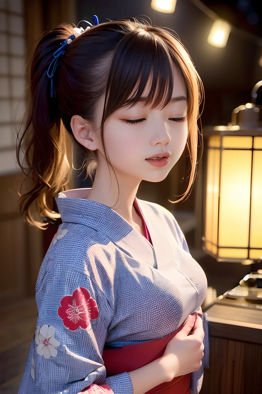 The mouth is closed、Do not show teeth、huge tit、dye one's cheeks red、Maiko-san style