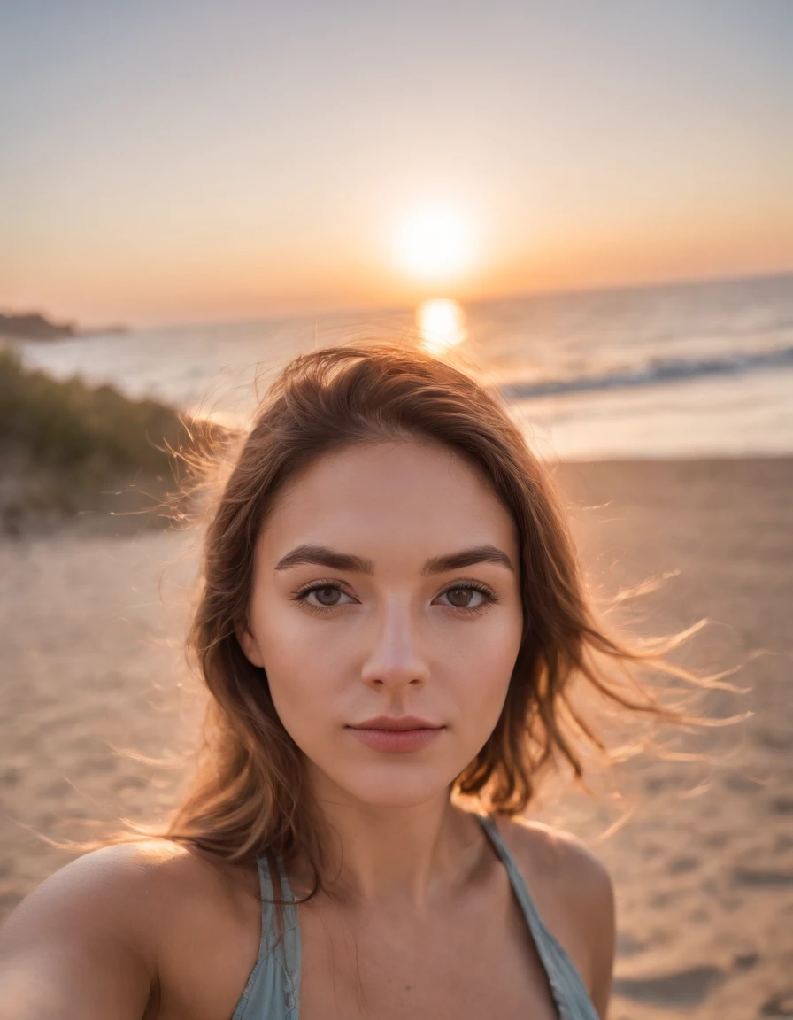 a woman takes a fisheye selfie on a beach at sunset, the wind blowing through her messy hair. The sea stretches out behind her, creating a stunning aesthetic and atmosphere with a rating of 1.2.
