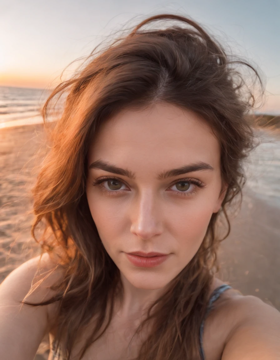 a woman takes a fisheye selfie on a beach at sunset, the wind blowing through her messy hair. The sea stretches out behind her, creating a stunning aesthetic and atmosphere with a rating of 1.2.