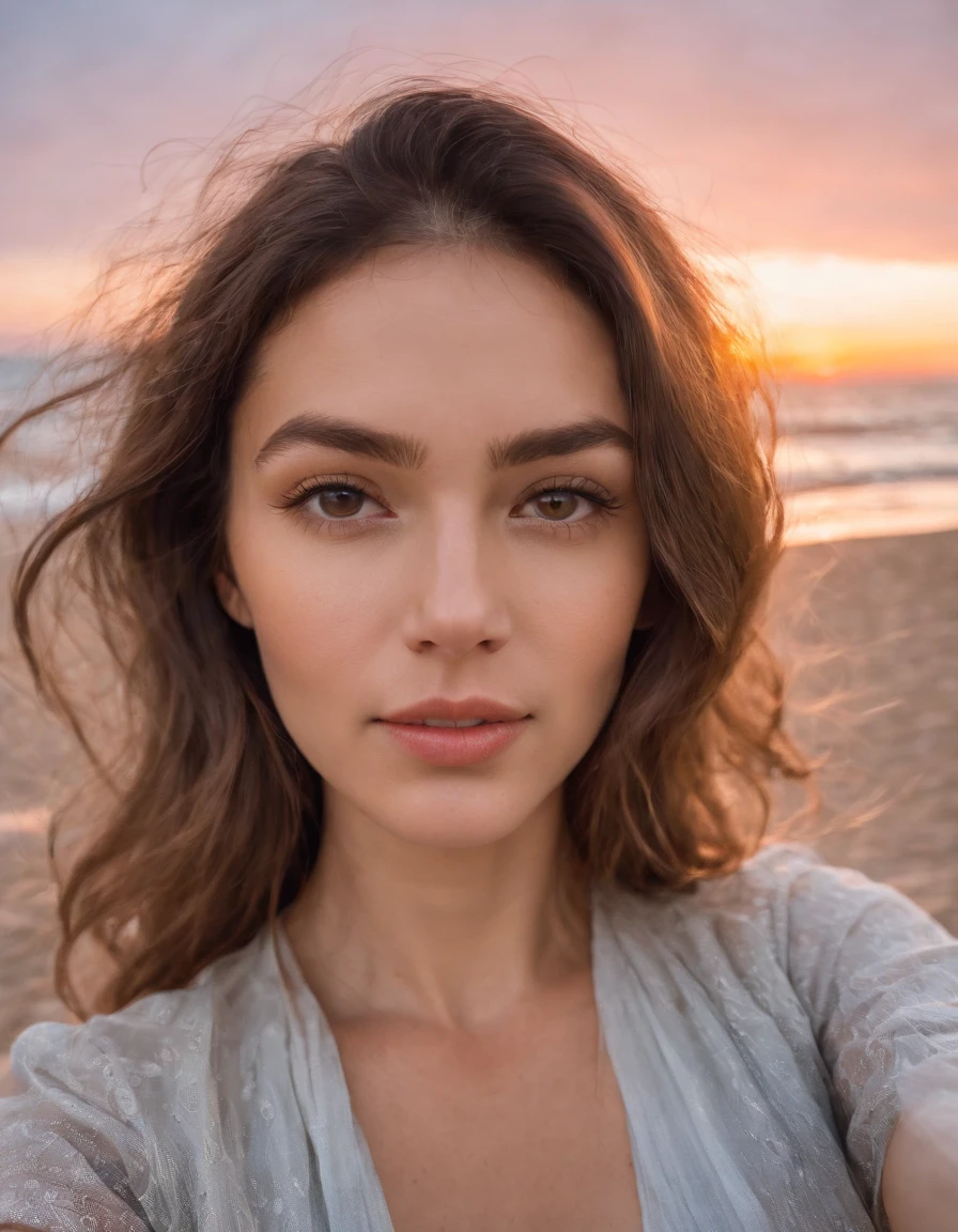 a woman takes a fisheye selfie on a beach at sunset, the wind blowing through her messy hair. The sea stretches out behind her, creating a stunning aesthetic and atmosphere with a rating of 1.2.