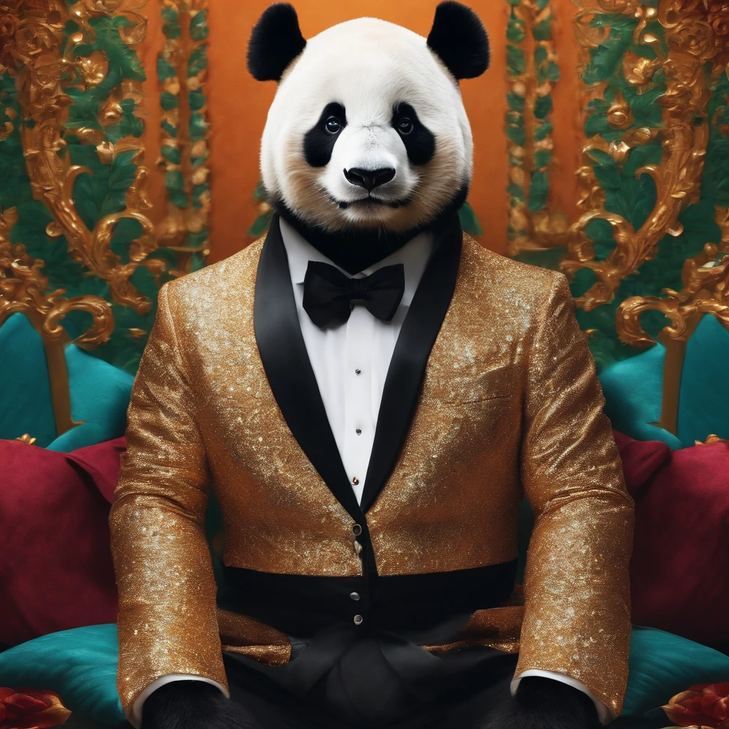 Panda sumamente elegante, vestido de blazer, manos en la cintura, manos apegados al cuerpo
