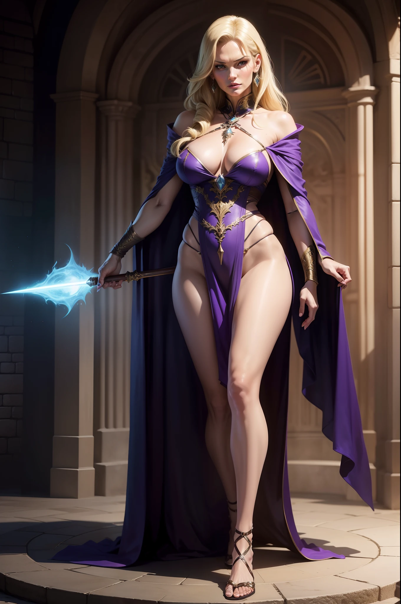 full body shot, 1girl, natasha henstridge as a fantasy sorceress, mage robe, leg slit, blonde, legs