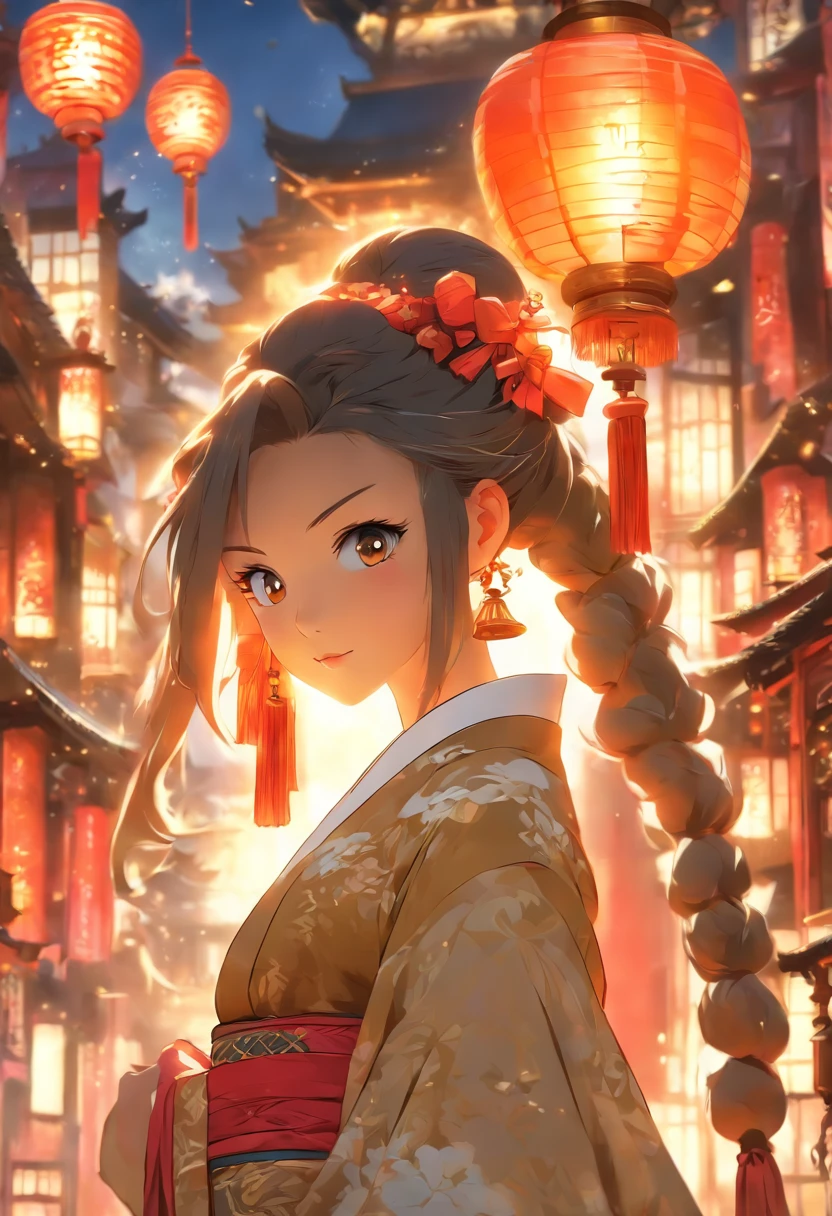 (Best Quality), girl,Detailed background of the Orient, Oriental cityscape, Steampunk, shrine maiden