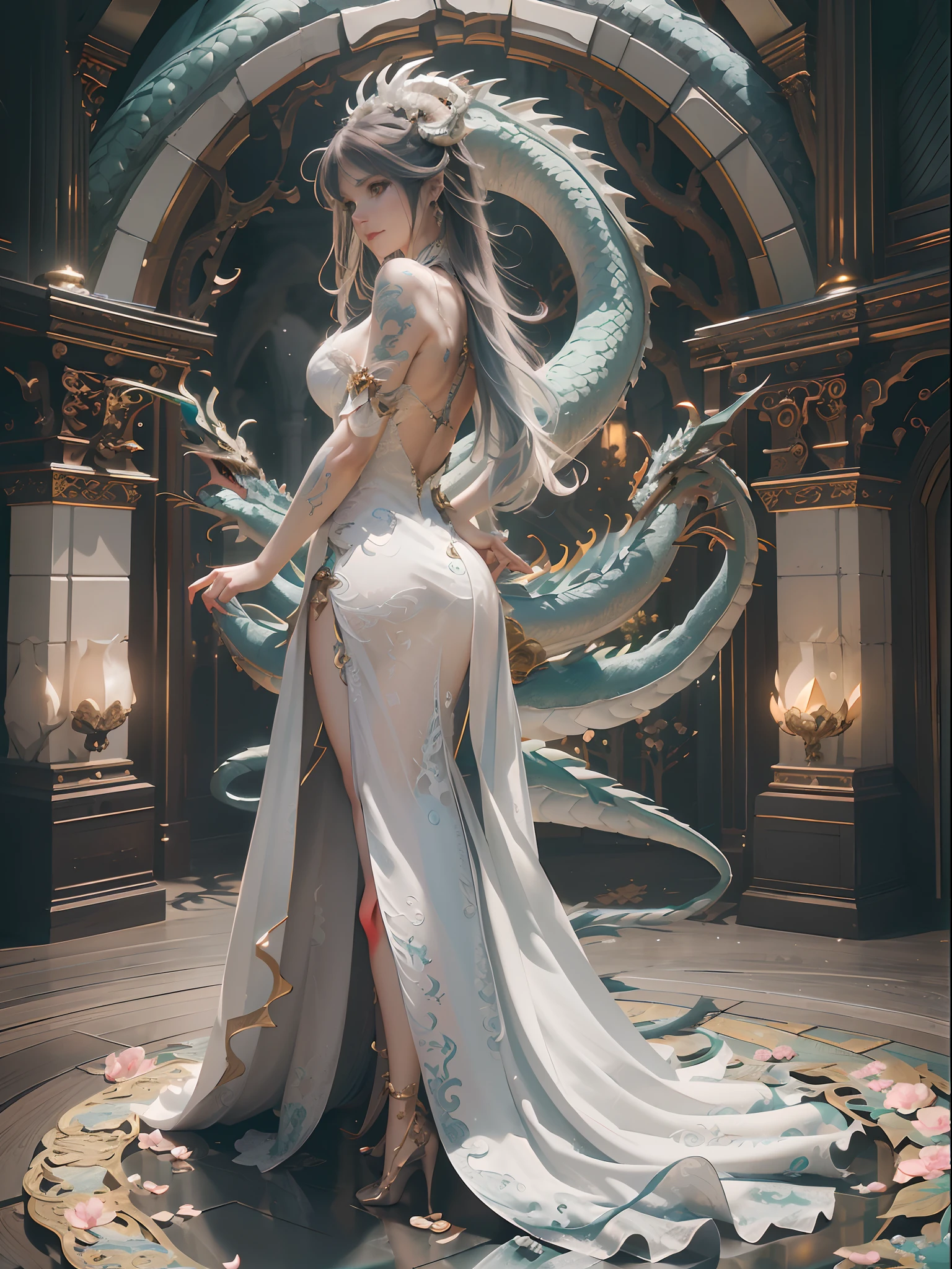 dragon_real,(extremely detailed CG unity 8k wallpaper,masterpiece, best quality, ultra-detailed, beautiful detailed eyes:1.2),best illumination, (best shadow, an extremely delicate and beautiful, bloom),the girl was surrounded by dragons, (1girl:1.4),breasts, solo,full body,Back tattoo,white dress,(color dragon:1.4),Bare leg,long dress,