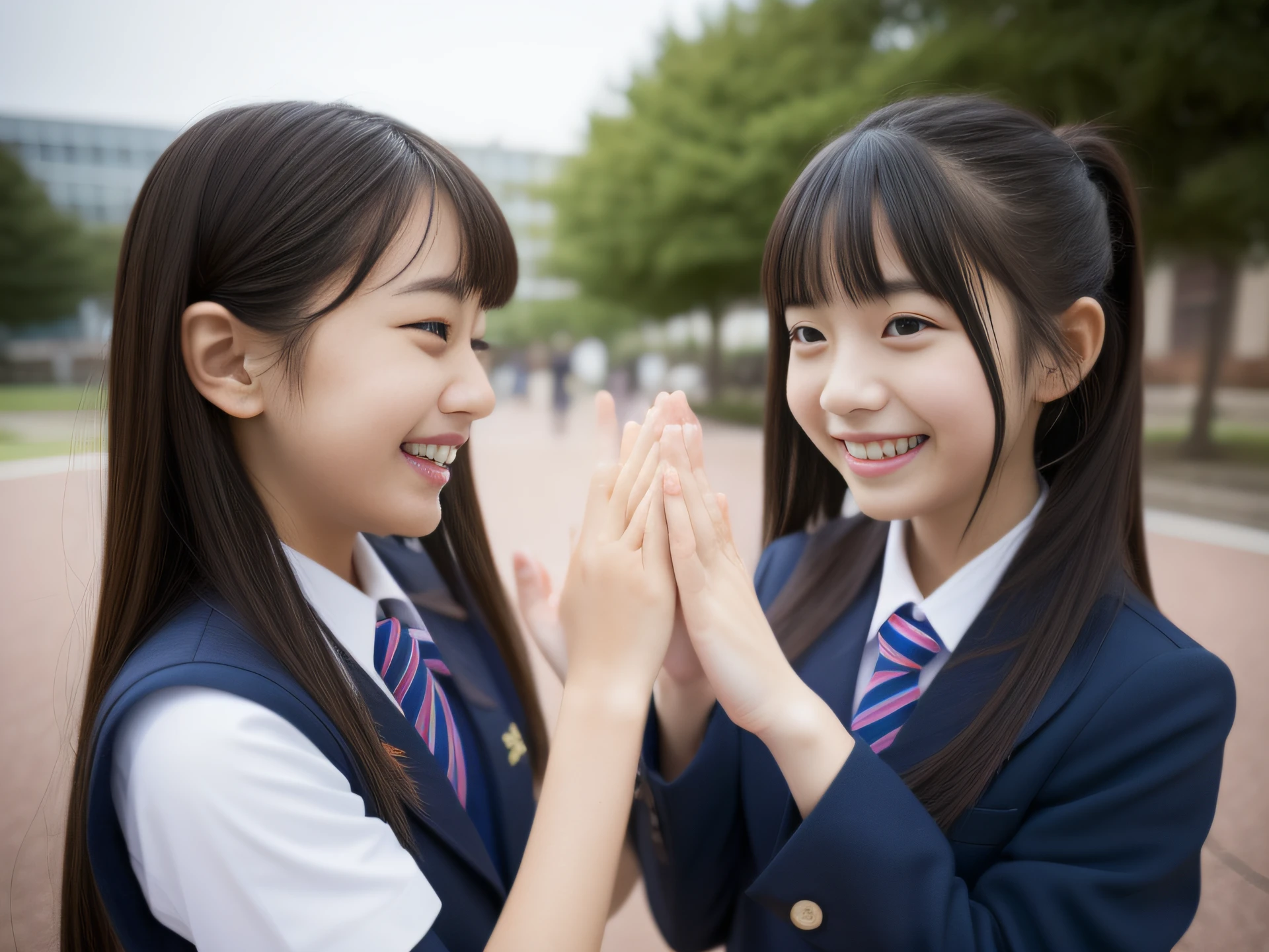 2girl, high five,cooperation,unity,sideshot, School uniform, Smile, Japanese, masutepiece, Best Quality, ultra-detailliert