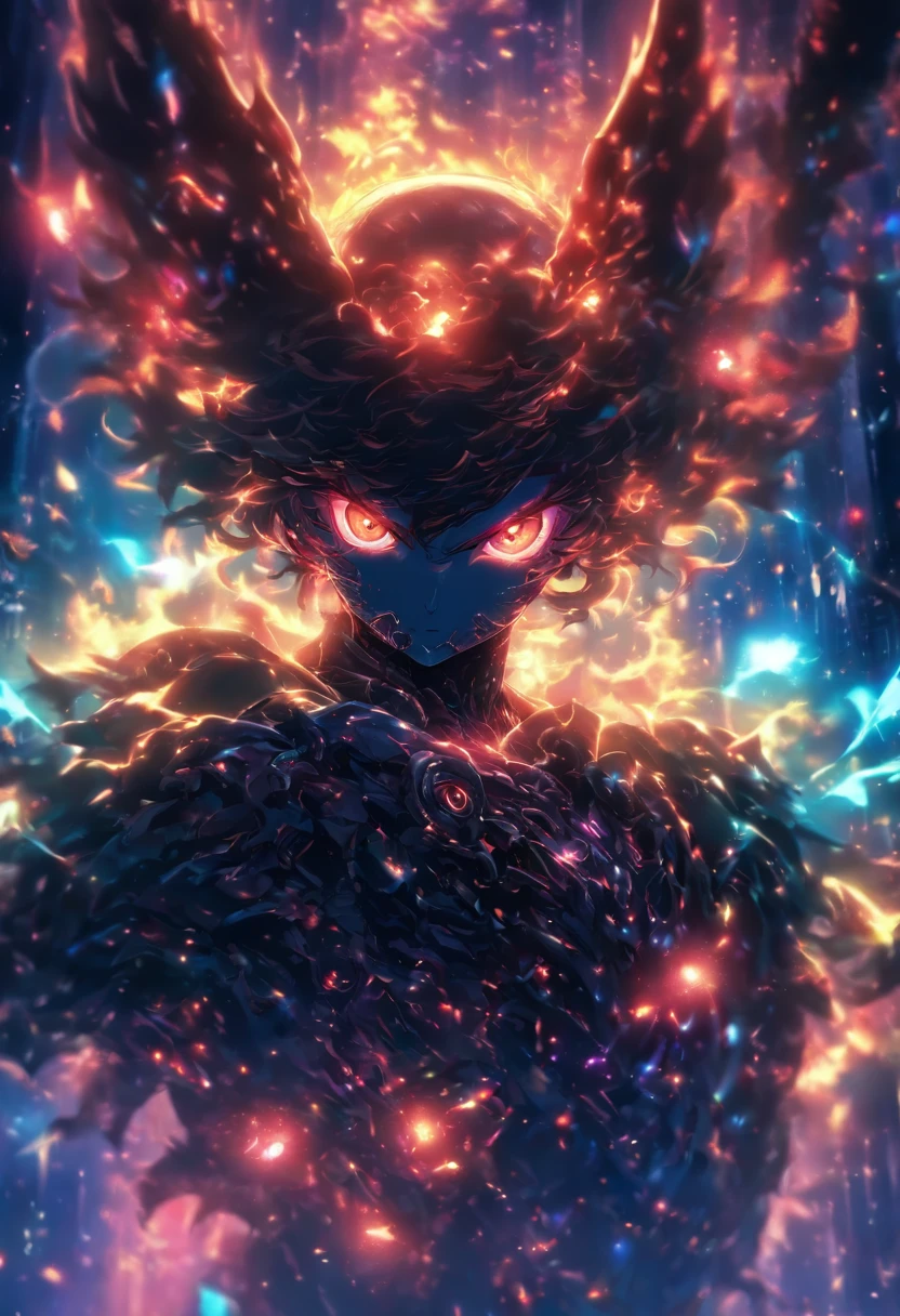 Fallen Angels of the Universe, glowing light eyes, biomechanical, eery, creepy, nightmarish, Very bright colors, light Particle, with light glowing, Musif, Wallpaper Art, UHD Wallpapers