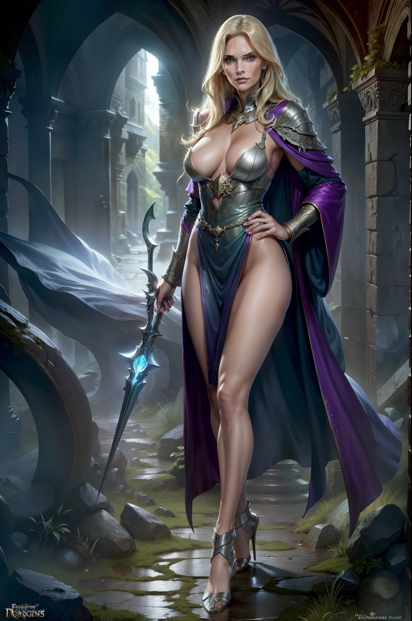 full body shot, 1girl,  natasha henstridge as a fantasy sorceress, mage robe, leg slit, blonde, legs, mossy stone walls in background,