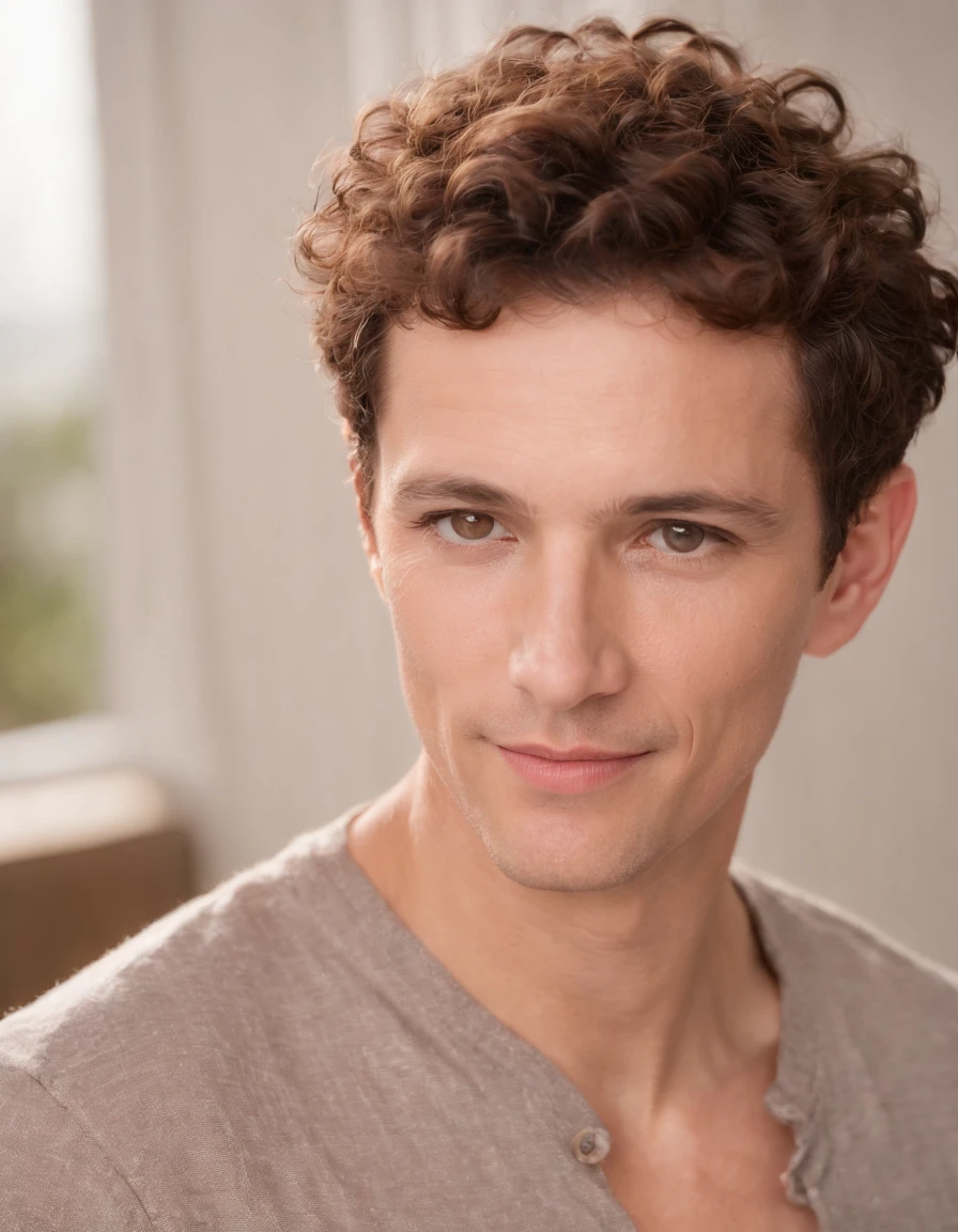 a hadsom man Tall and fit , (40 years old:1.3), (shaven:1.2), (short brown fine curly hair:1.5),(very short hair:1.6). wearing light fit shirt , natural sunlight, light colors, bokeh style, super fine detail style, high quality photo, (in bedroom:1.3)
