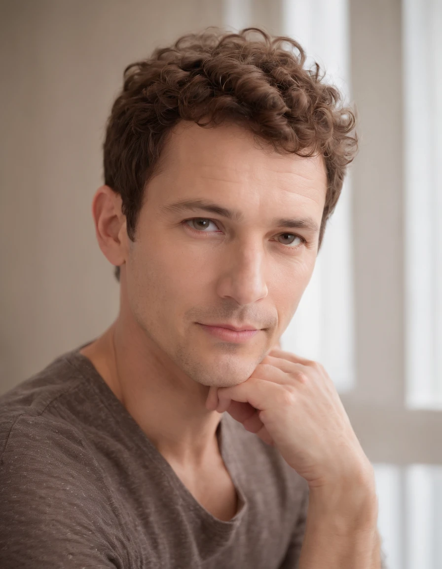 a hadsom man Tall and fit , (40 years old:1.3), (shaven:1.2), (short brown fine curly hair:1.5),(very short hair:1.6). wearing light fit shirt , natural sunlight, light colors, bokeh style, super fine detail style, high quality photo, (in bedroom:1.3)
