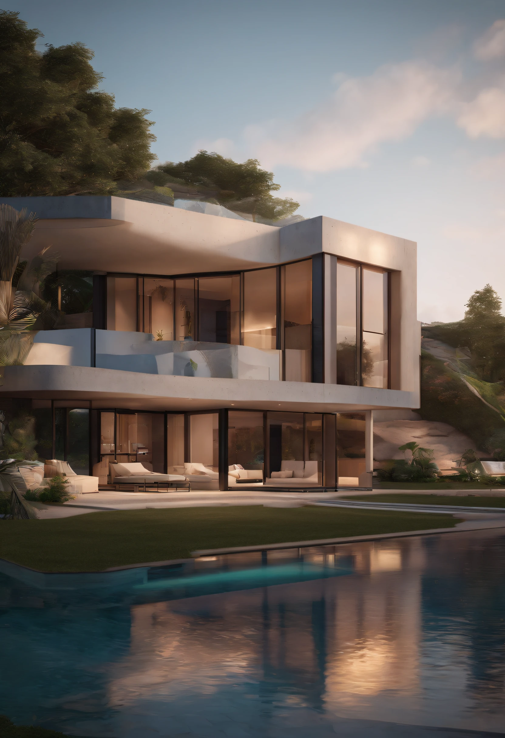 Residential houses, There are a lot of glass and concrete walls, lawns, 8K, Ultra-realistic, prime time,There is a big curved swimming pool in front of the door,beach chair