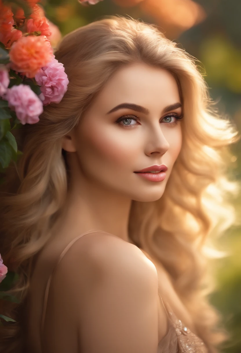 (highres, realistic:1.2), portrait, beautiful detailed eyes, beautiful detailed lips, long eyelashes, elegant blonde hair, fair complexion, stylish black dress, confident and youthful expression, graceful pose, in a garden setting, surrounded by colorful flowers, soft sunlight casting a warm glow on her skin, a gentle breeze tussling her hair, vibrant and vivid colors, capturing the essence of her beauty and grace.