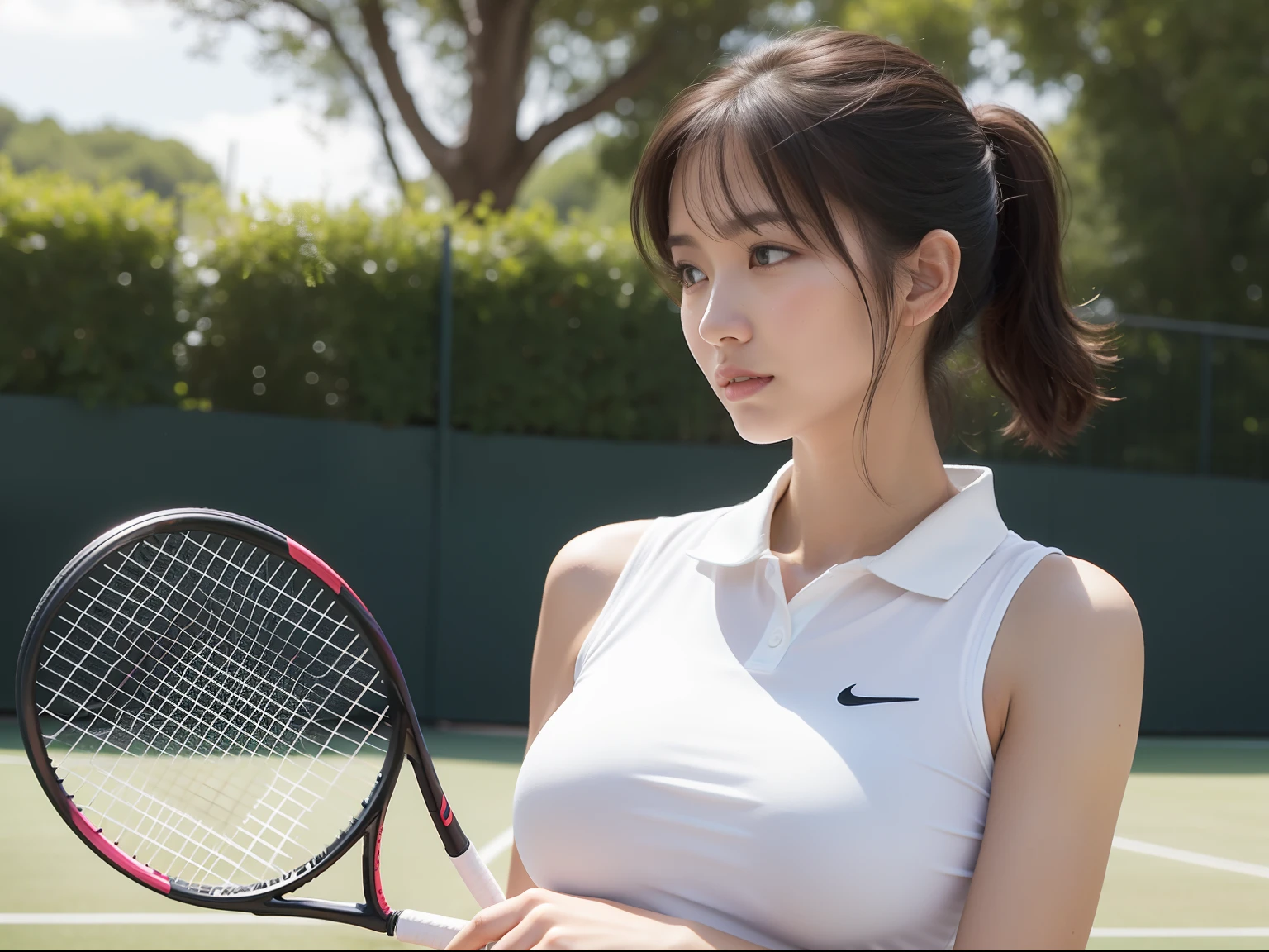(8K, Raw photography, top-quality, ​masterpiece: 1.2), ​masterpiece, Super Detail, 超A high resolution, (Realistic and realistic photos: 1.37), high-definition RAW color photography, extremely delicate and beautiful, ighly detailed, astonishing, detaileds, extremely detailed eye, highlydetailed skin, extremely detailed fingers, highly detailed nose, highly detail mouth, perfect anatomia,1girl in, Blurry, Blurry background, Blurred foreground, blush, Colossal tits, depth of fields, eyebrows visible through hair, hair between eye,Short hair, Solo, Huge boobs、乃木坂アイドル、韓国アイドル、女優、20yr old、女優、hposing Gravure Idol、1girl in、Tennis Wear、Sleeveless、pleatedskirt、Ultra mini skirt、tennis coat、tennis