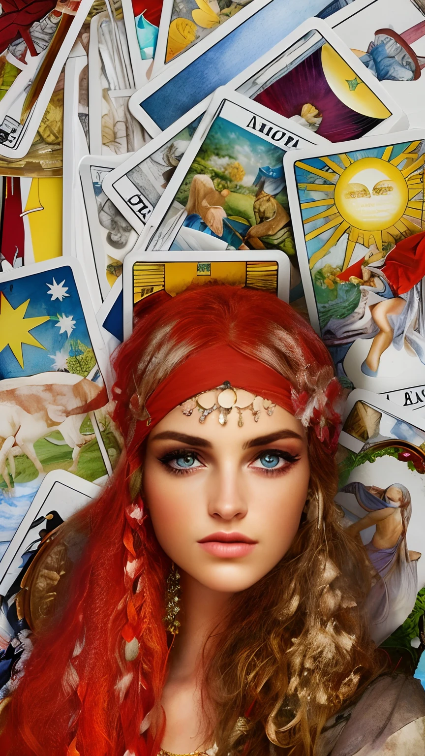 A closeup of a beautiful woman, the most beautiful in the world, with a red headband and a bunch of tarot cards;, Complex tarot card background, Tarot card background, tarot cards characters, Arte do Tarot, Tarot card art, tarot card enviroment, Tarot cards, tarot style, floating tarot cards, tarot design, as a tarot card, tarot card style, tarot cards!!, Whirlwind of closeup tarot cards, peito, Neck strap, ombros, olhos perfeitos, perfect irises, Perfect lips, , pele perfeita, luz frontal suave, brilho, HDR, (cores suaves: 1.2) hiperealista,realista, Realismo, renderizado, Alto contraste, digital art photographyrealistic trend in Artstation 8k HD high definition detailed realistic,  detalhado, textura da pele, hiper detalhado, textura de pele realista, armadura, melhor qualidade, ultra high-resolution, (fotografiarrealista: 1.4), alta resolução, detalhado, Calado bruto, sharp re, por lee jeffries Nikon D850 Filme Fotografia de Stock 4 Kodak Portra 400 Lente F1.6 Rich Colors Realistic Texture Dramatic Texture Dramatic Lighting Irrealengine Trend on Artstation Cinestill 800