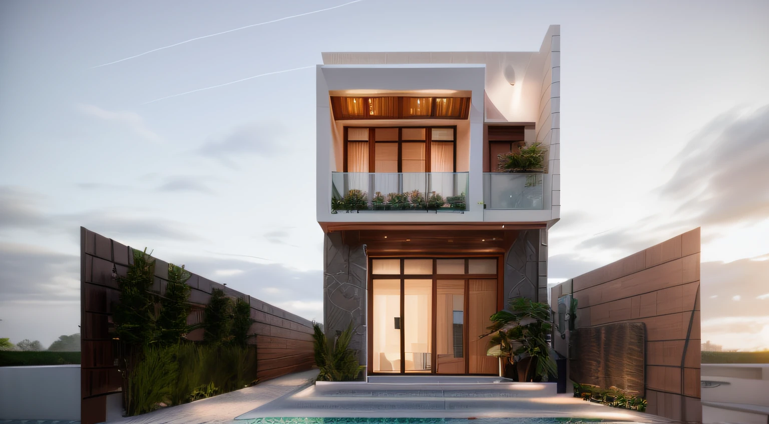 arafed house with a balcony and a balcony on the second floor, complete house, exterior design, inter dimensional villa, realistic building, realistic concept, concept house, overall architectural design, photorealistic detailed picture, 2 d cg, render in vray, 3 d rendering, 3d rendering, highly detailed render, highdetailed, professional render, 3 d vray render , small garden space on front, detailed, cinematic lighting, windows,
