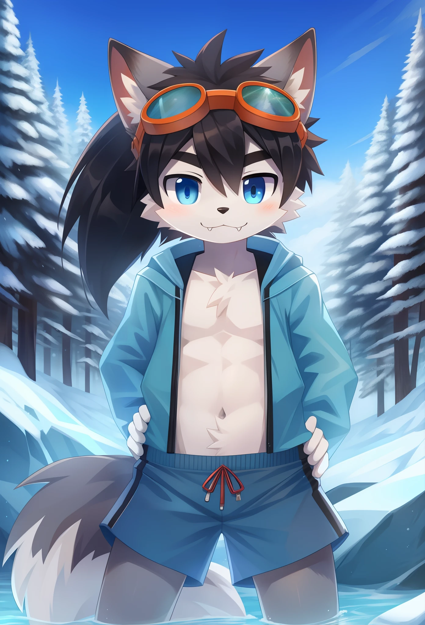 Furry shota, Young, wolf, black hair, long spiky ponytail, blue eyes, detailed body fur, blue hawaiian shirt, open clothes, black swim trunks, goggles, masterpiece, looking at you, fangs, clear grey body fur, detailed face, big eyebrows, detailed eyes, detailed body, no muscle, detailed hands, flat body, glistering body, skinny, full body, snow forest, clear sky, hands on hips, :3, ice particles,