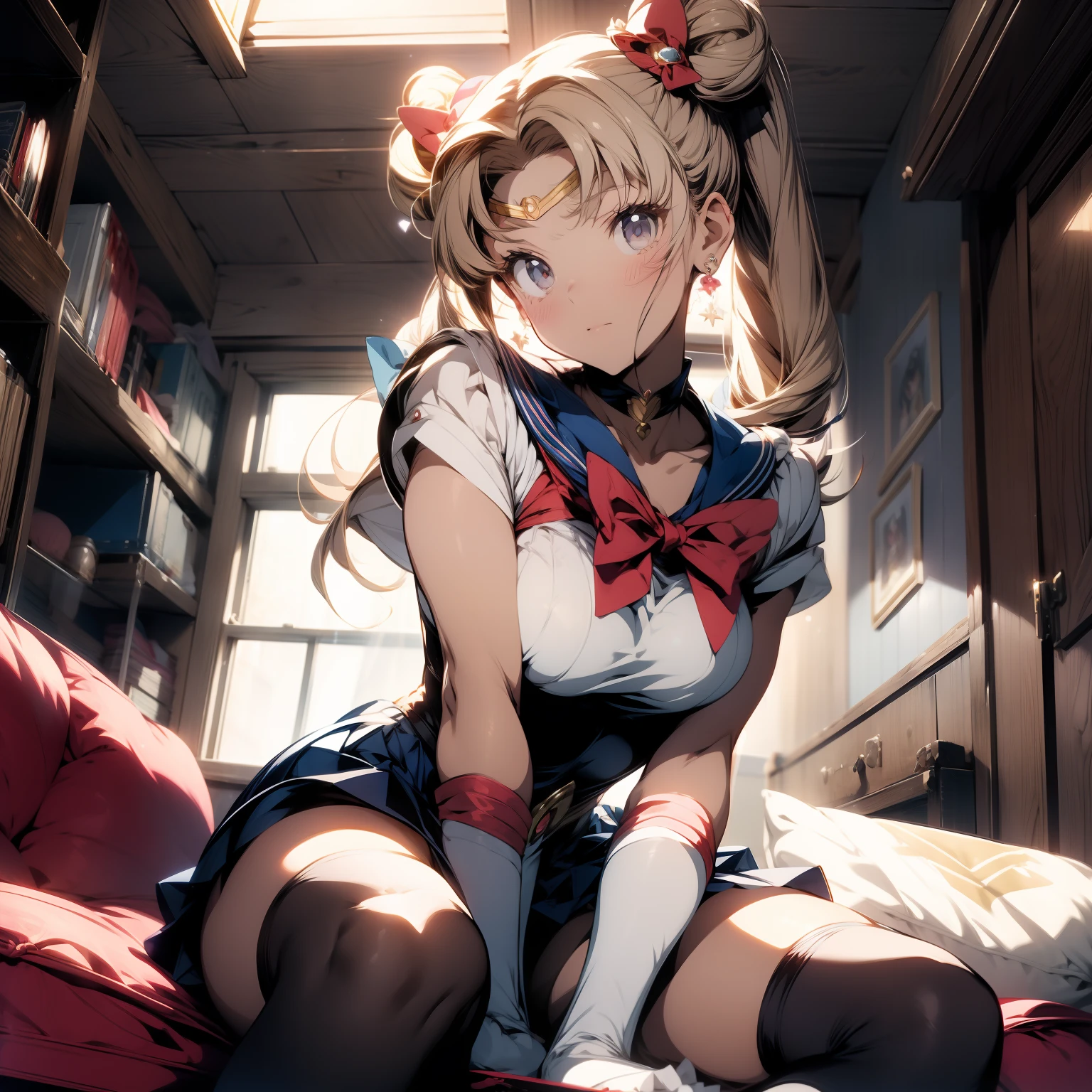 (masterpiece, best quality ) (sailor moon) aausagi, blonde, ywllow hair, hands chained to the ceilling, lifting arms above head, double bun, twintails, parted bangs, circlet, jewelry, earrings, choker, red bow, white gloves, elbow gloves, blue skirt style, red bow, blue eyes, visible bellybutton, underboob, sitting on a window sill with a black bra and cuffs, wrapped in leather straps, leather cuffs around wrists, restrained, harnesses and garters, handcuffed, handcuffs, dominant pose, sexy dominant pose,