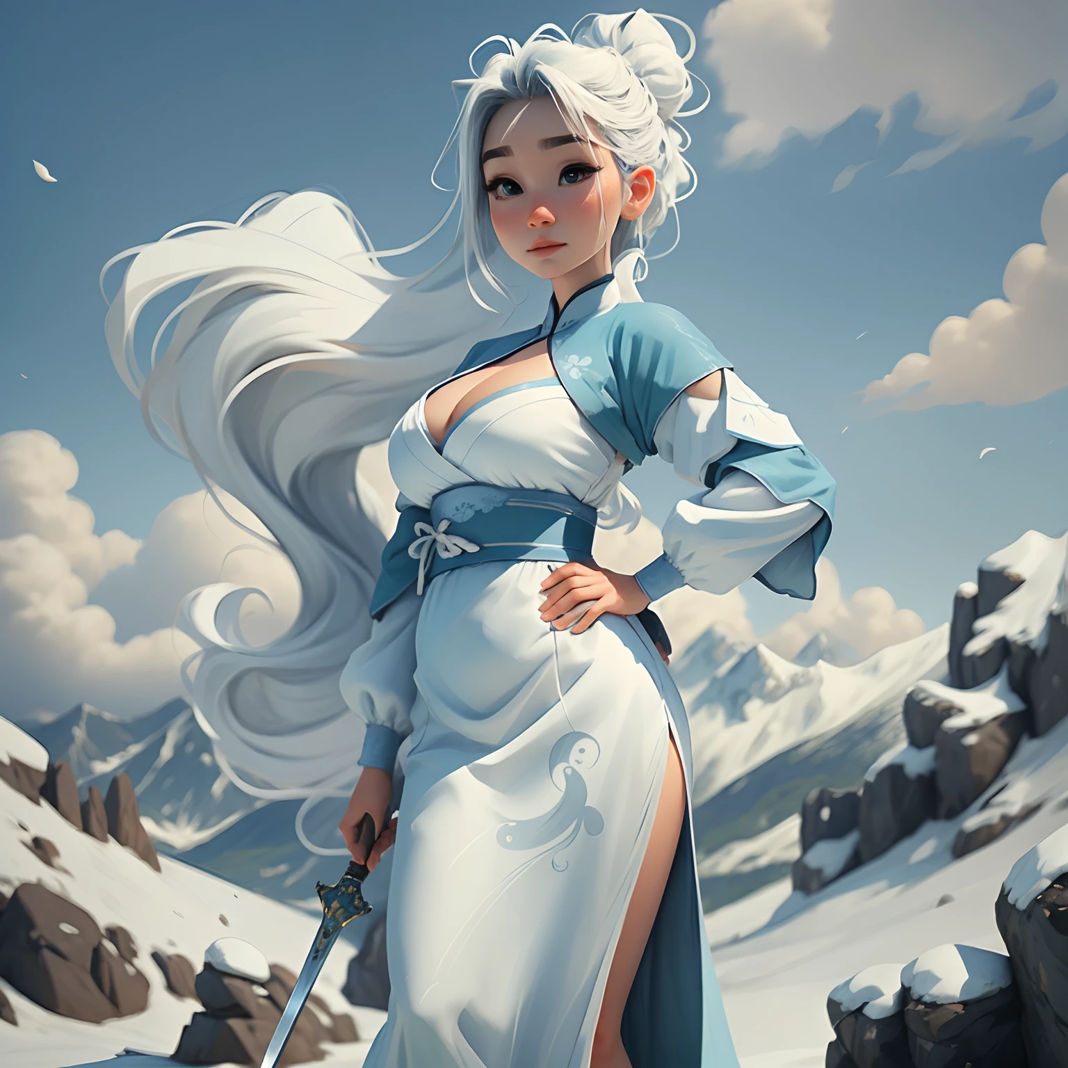 Young girls,Exquisite blue and white Hanfu, Wave the sword in your hand,Calm face, Perfect detail for the eye,Clear appearance, bun hairstyle, Light-colored hair,High ponytail,long whitr hair, Stand on a high mountain,Green mountains and white clouds background,Open scenery,Chinese style, closeup cleavage,Best quality at best,4k画质,Ultra-high sharpness,k hd,8K,