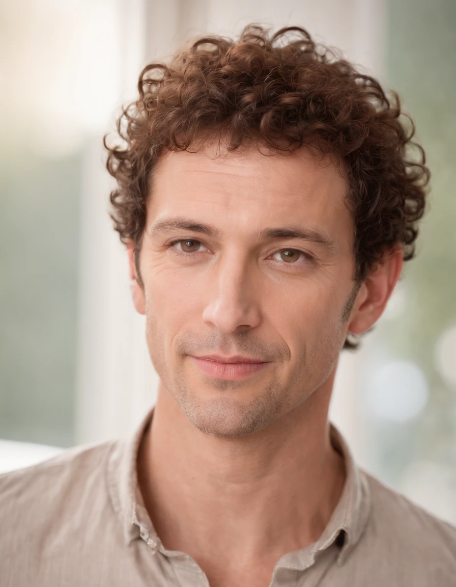 a hadsom man Tall and fit , (40 years old:1.3), (shaven:1.2), ( very short brown fine curly hair:1.5),(very short hair:1.6). wearing light fit shirt , natural sunlight, light colors, bokeh style, super fine detail style, high quality photo, (in bedroom:1.3)