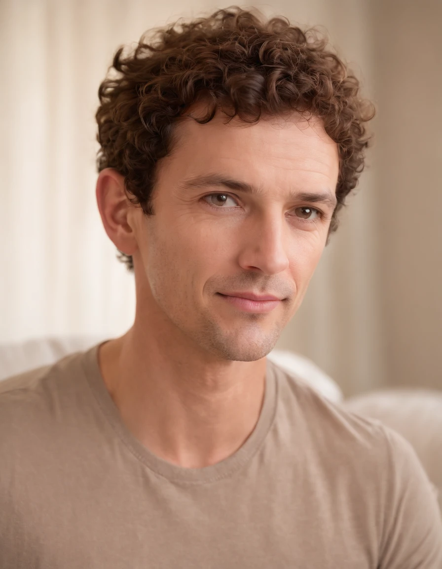 a hadsom man Tall and fit , (40 years old:1.3), (shaven:1.2), ( very short brown fine curly hair:1.5),(very short hair:1.6). wearing light fit shirt , natural sunlight, light colors, bokeh style, super fine detail style, high quality photo, (in bedroom:1.3)