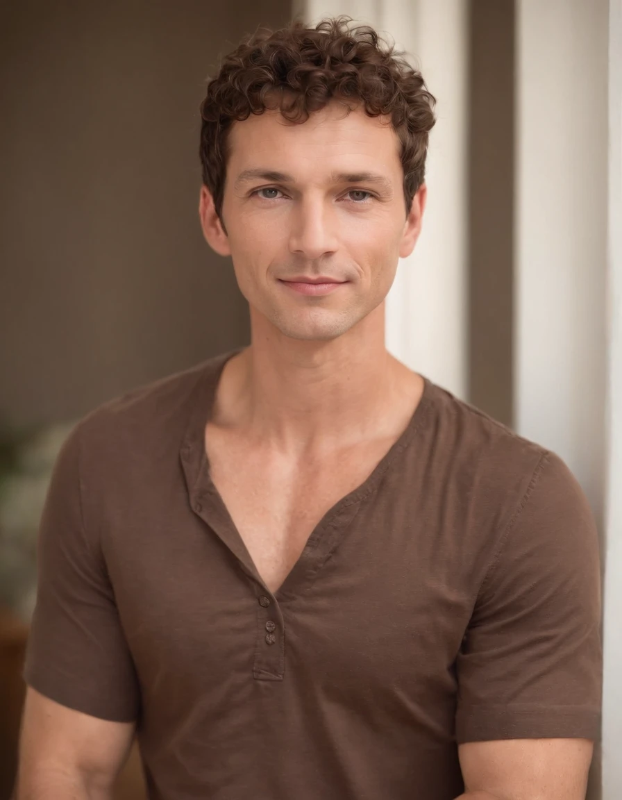 a hadsom man Tall and fit , (40 years old:1.3), (shaven:1.2), ( very short brown fine curly hair:1.5),(very short hair:1.6). wearing light fit shirt , natural sunlight, light colors, bokeh style, super fine detail style, high quality photo, (in bedroom:1.3)