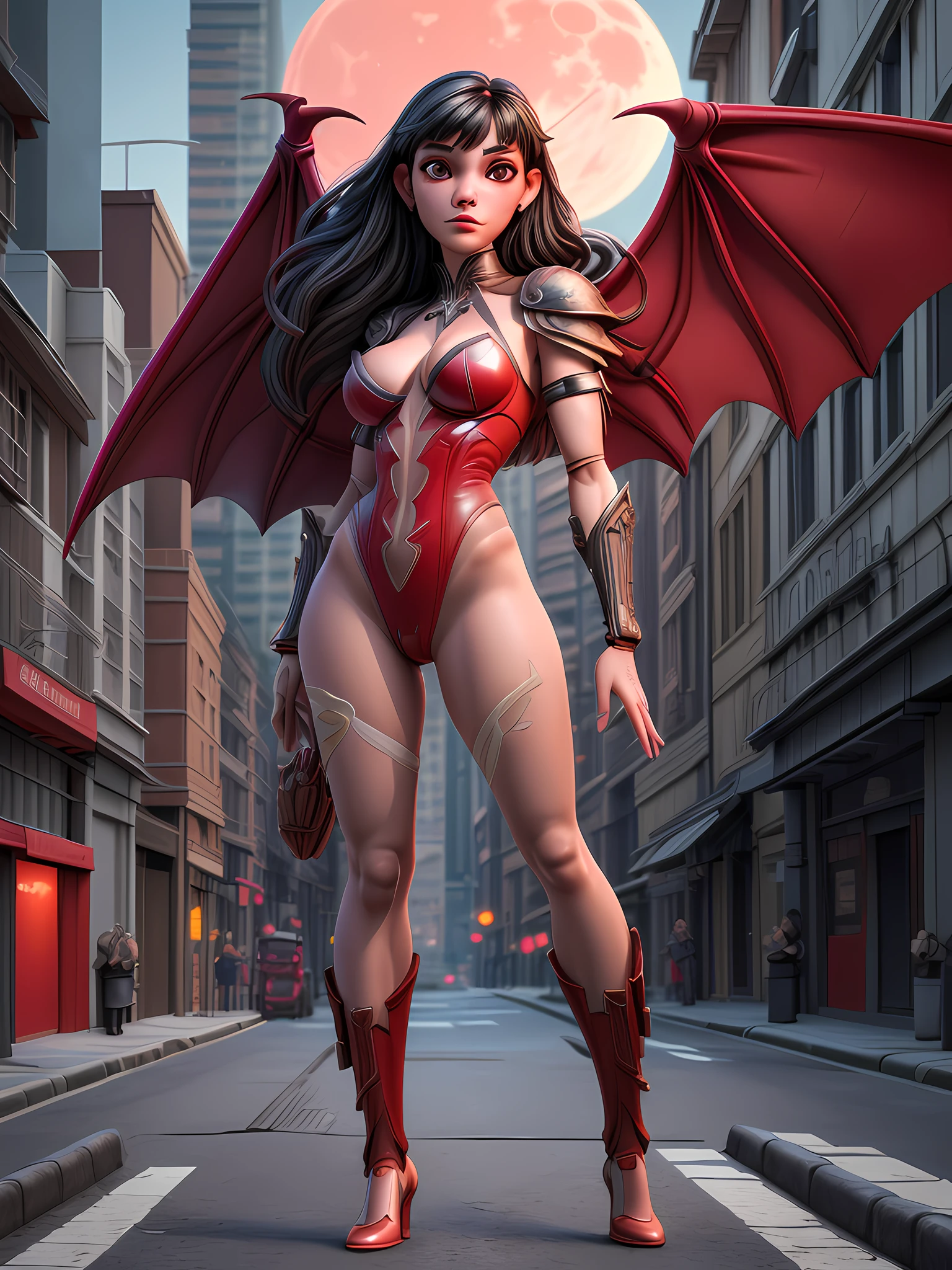 3d animation picture of Vampirella standing in the street at night, Vampirella  (masterpiece, extremely detailed, best quality), full body (masterpiece, extremely detailed, best detailed), standing in an urban street at night  exquisite beautiful Vampirella (masterpiece, extremely detailed, best quality), ultra detailed face (masterpiece, extremely detailed, best quality), full body, wearing red armor LnF (masterpiece, extremely detailed, best quality), spread bat wings bat_wings(masterpiece, extremely detailed, best quality), ready for battle, urban street background, lamp lights, moon light, detailed background (masterpiece, extremely detailed, best quality), best realistic, very high quality, best quality, 16k, [ultra detailed], masterpiece, best quality, (extremely detailed), ultra wide shot, photorealism, depth of field, 3D animation render