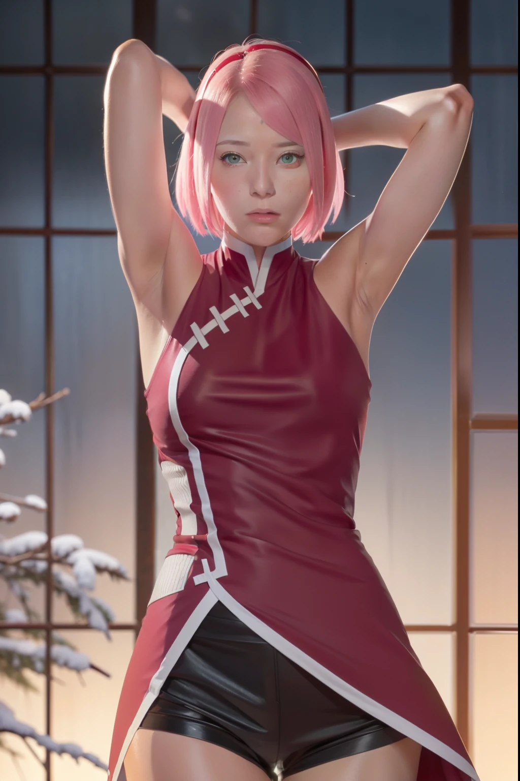 Sakura uchiha. A mother was standing in front of the window. She was seen wearing a red cedar with a white stripe. Combined with black shorts. Her breasts look so big and round. He was seen raising his hands to the back of his head. He had a white as snow. With her rosy cheeks. And those little red lips. She also has pink hair. The short one. Straight. Expanding. Unraveling not tied down. He looked intently into the camera. So pretty and realistic