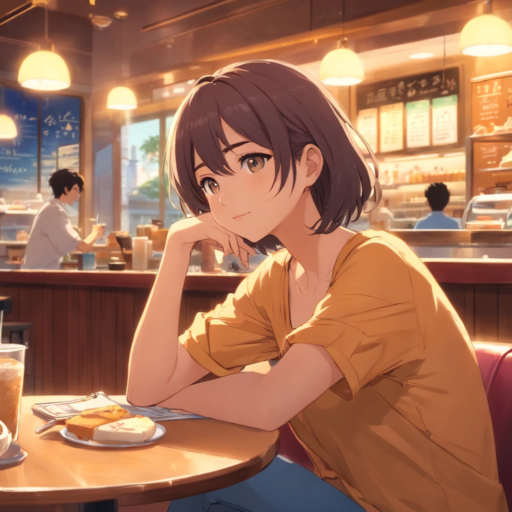 A beautiful woman relaxing in the café, ambiente aconchegante e aconchegante,