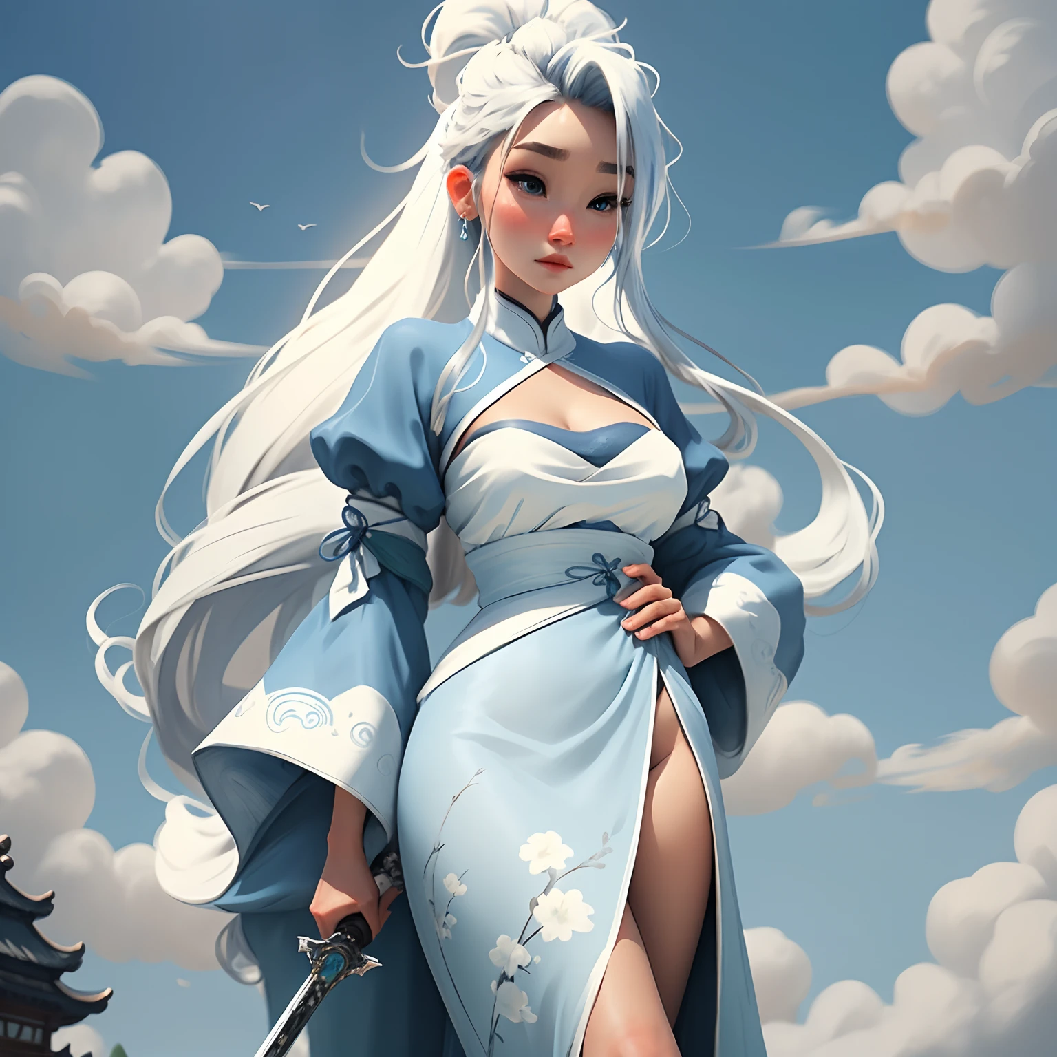 Young girls，Exquisite blue and white Hanfu, Holding a long sword in his hand，Calm face, Perfect detail for the eye，Clear appearance, bun hairstyle, Light-colored hair，High ponytail，long whitr hair,  Stand on a high mountain，Green mountains and white clouds background，Open scenery,Chinese style, closeup cleavage，Best quality at best，4k画质，Ultra-high sharpness,k hd,8K，