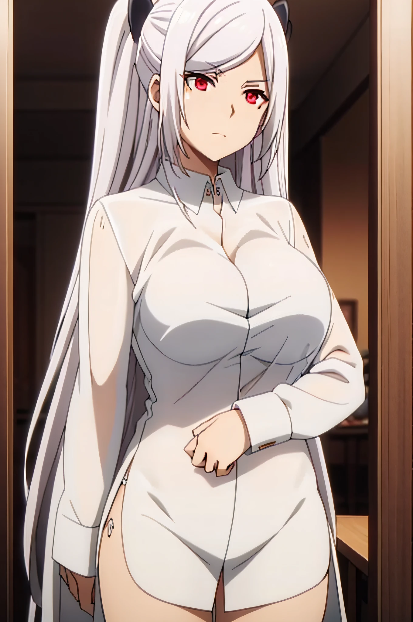 implied sex, see-through silhouette, pov, see-through, bedroom, white shirt, oversized clothes, oversized shirt, t-shirt,white hair,red eyes