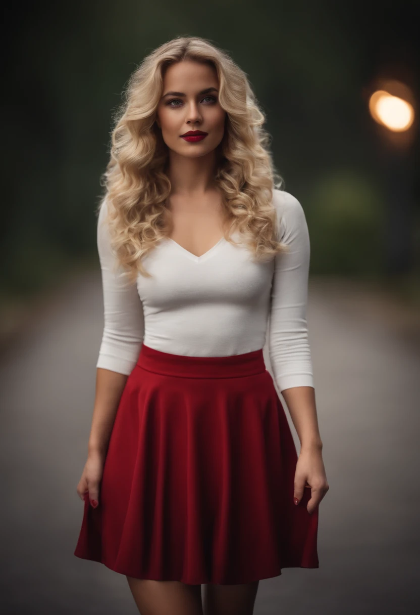 realistic blonde girl, curly, red skirt, black crop, fit,