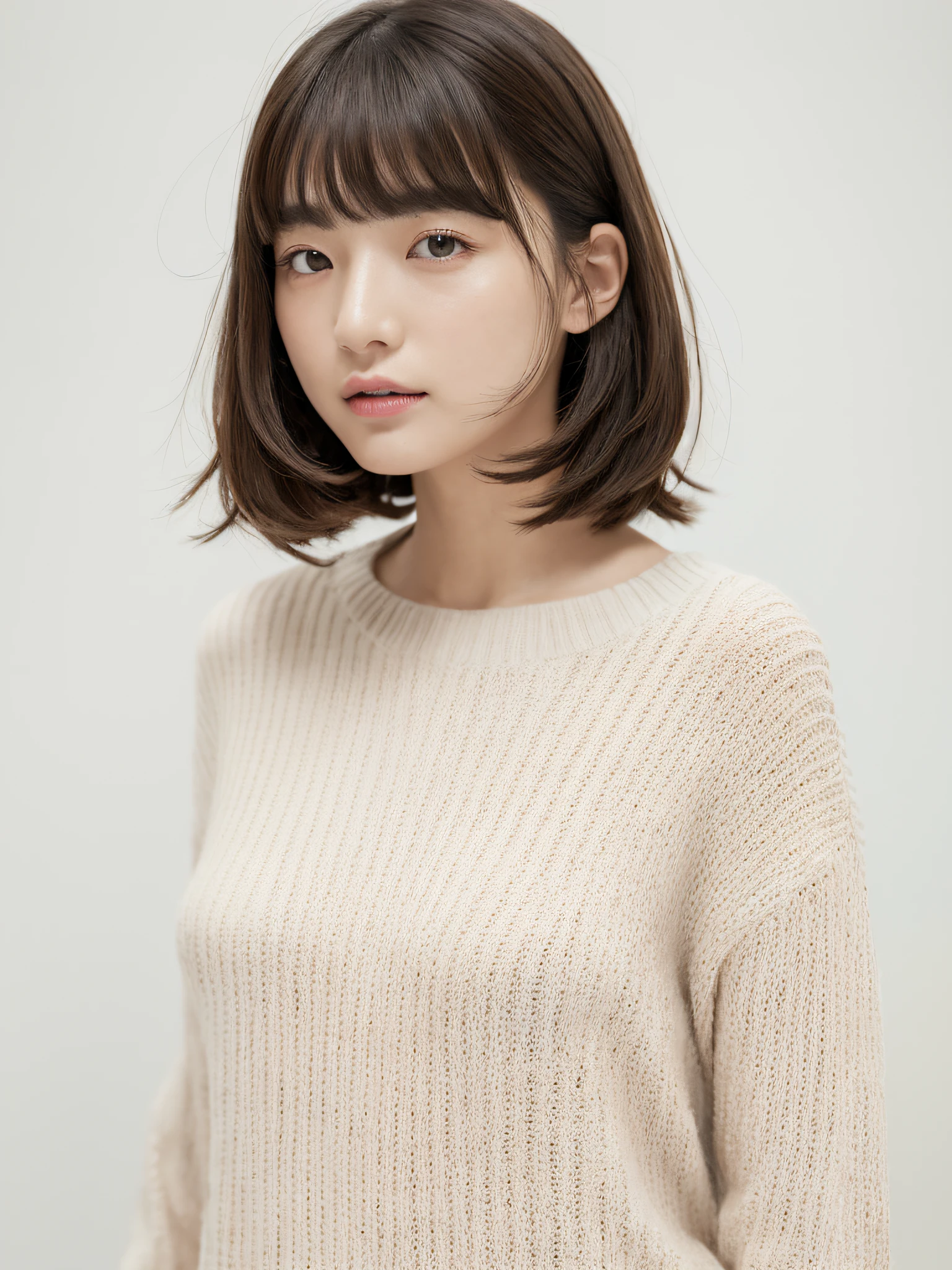 top-quality、​masterpiece、hight resolution、1girl in、独奏、Raw photo、Real person、Detailed skin、japanes、brawn hair、thin bunches of bangs、bob、Floating hair、fullllbody,Sweat knitwear、White Room、catchlight、white walls